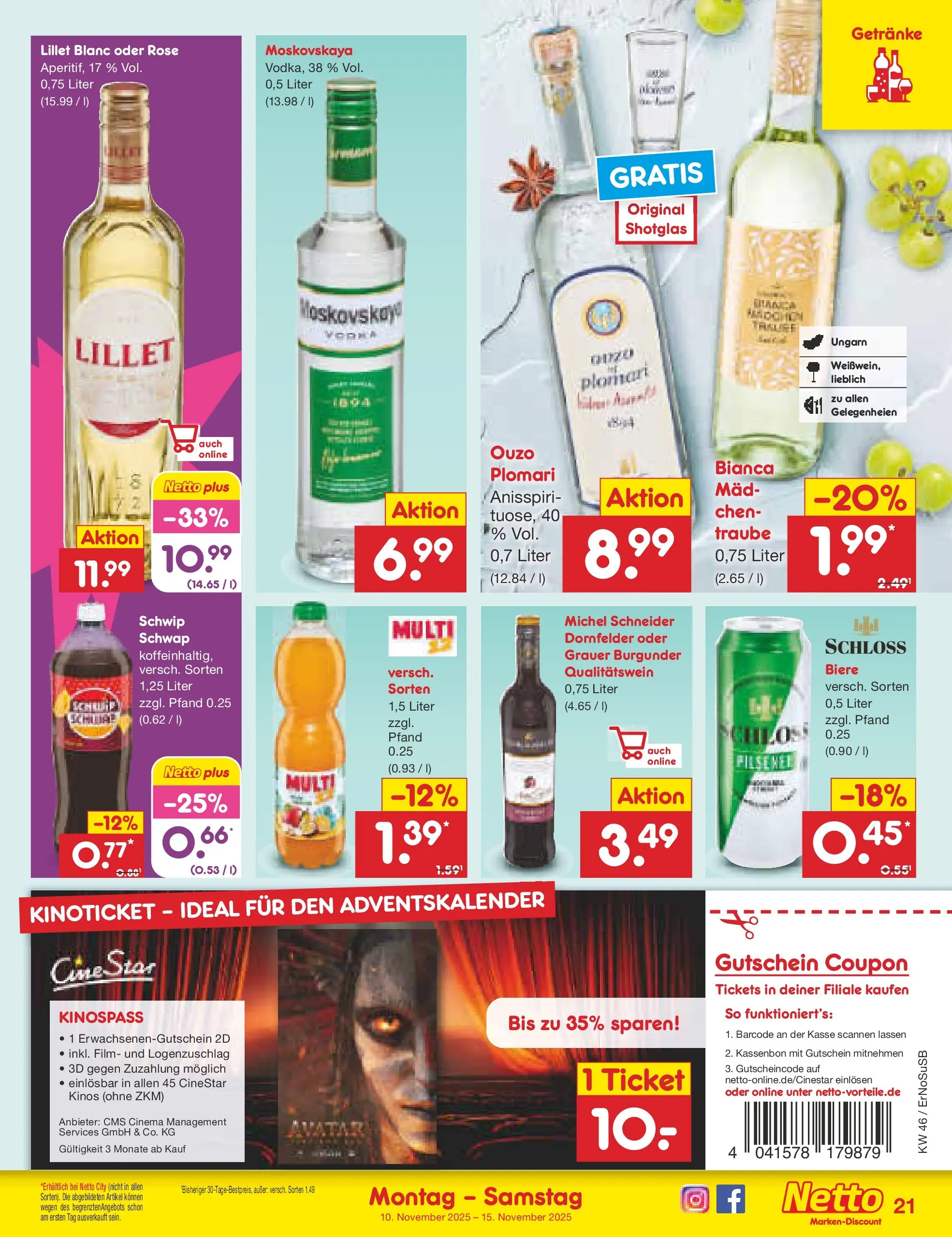 Netto Marken-Discount prospekt Erfurt (ab 10.11.2025) » Angebote | Seite: 21 | Produkte: Ouzo, Lillet, Ouzo plomari Netto Marken-Discount prospekt Erfurt (ab 10.11.2025) » Angebote | Seite: 21 | Produkte: Ouzo, Lillet, Ouzo plomari