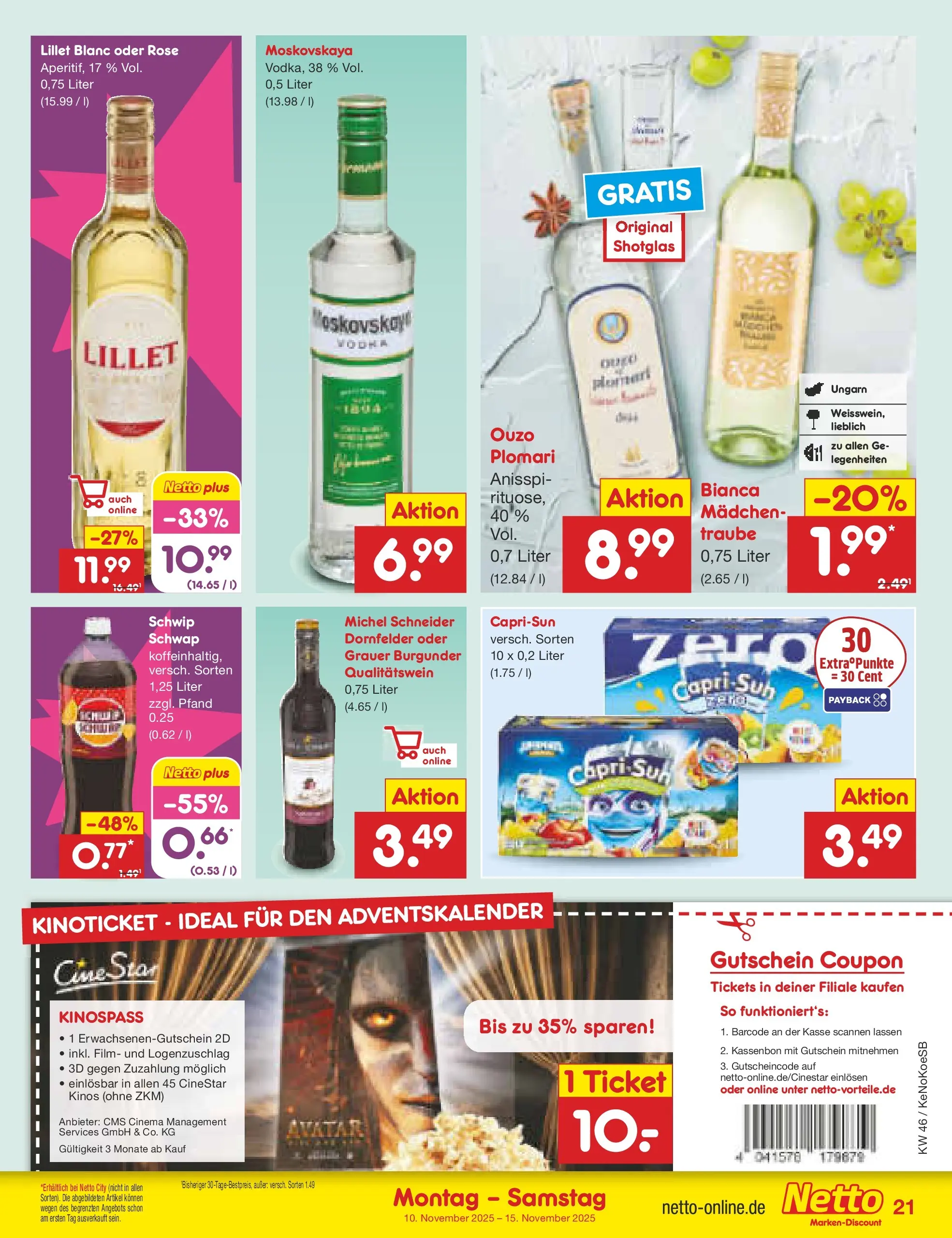 Netto Marken-Discount prospekt Bonn	 (ab 10.11.2025) » Angebote | Seite: 21 | Produkte: Ouzo, Capri sun, Lillet
