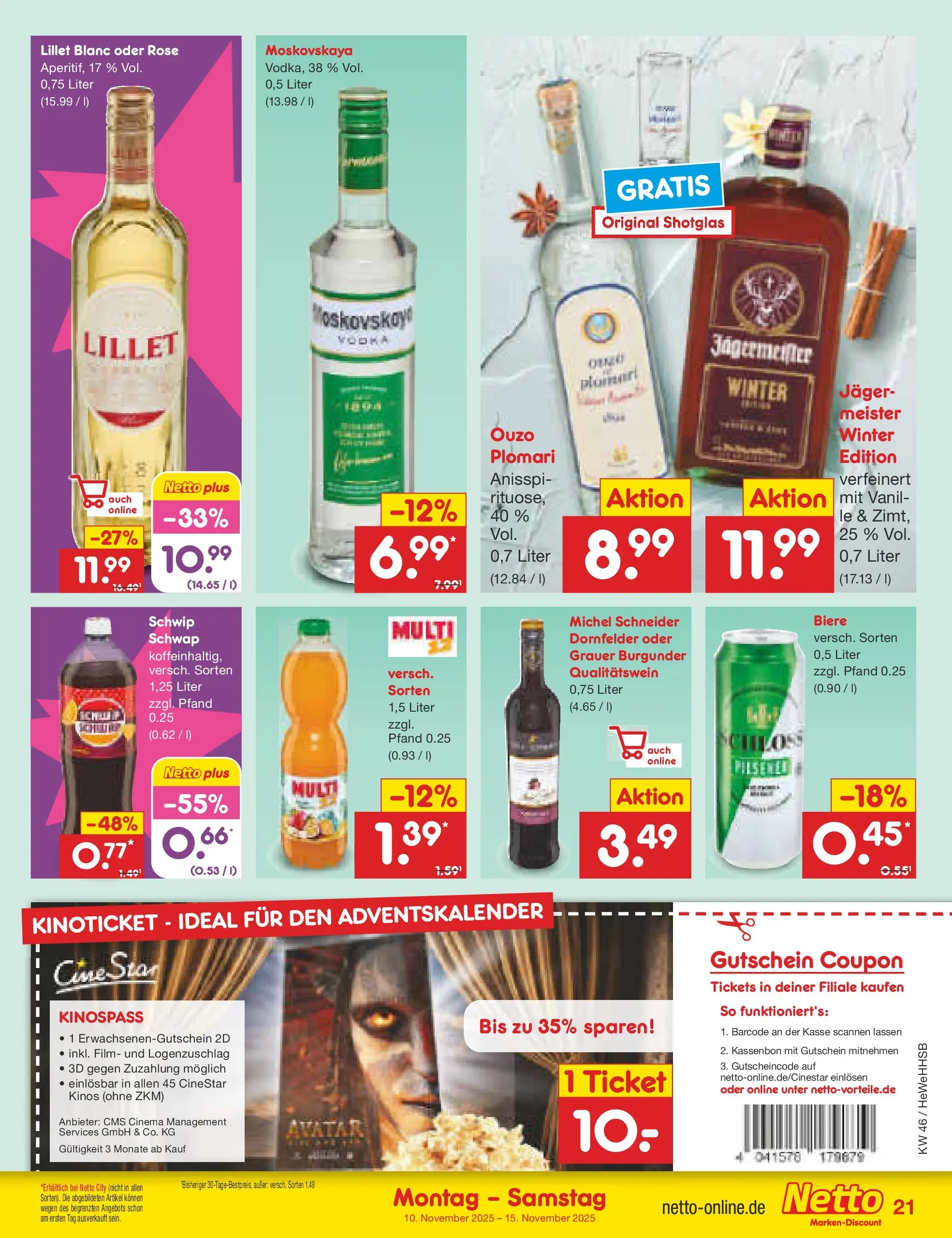 Netto Marken-Discount prospekt Brietlingen	 (ab 10.11.2025) » Angebote | Seite: 21 | Produkte: Ouzo, Schwip schwap, Lillet, Vodka