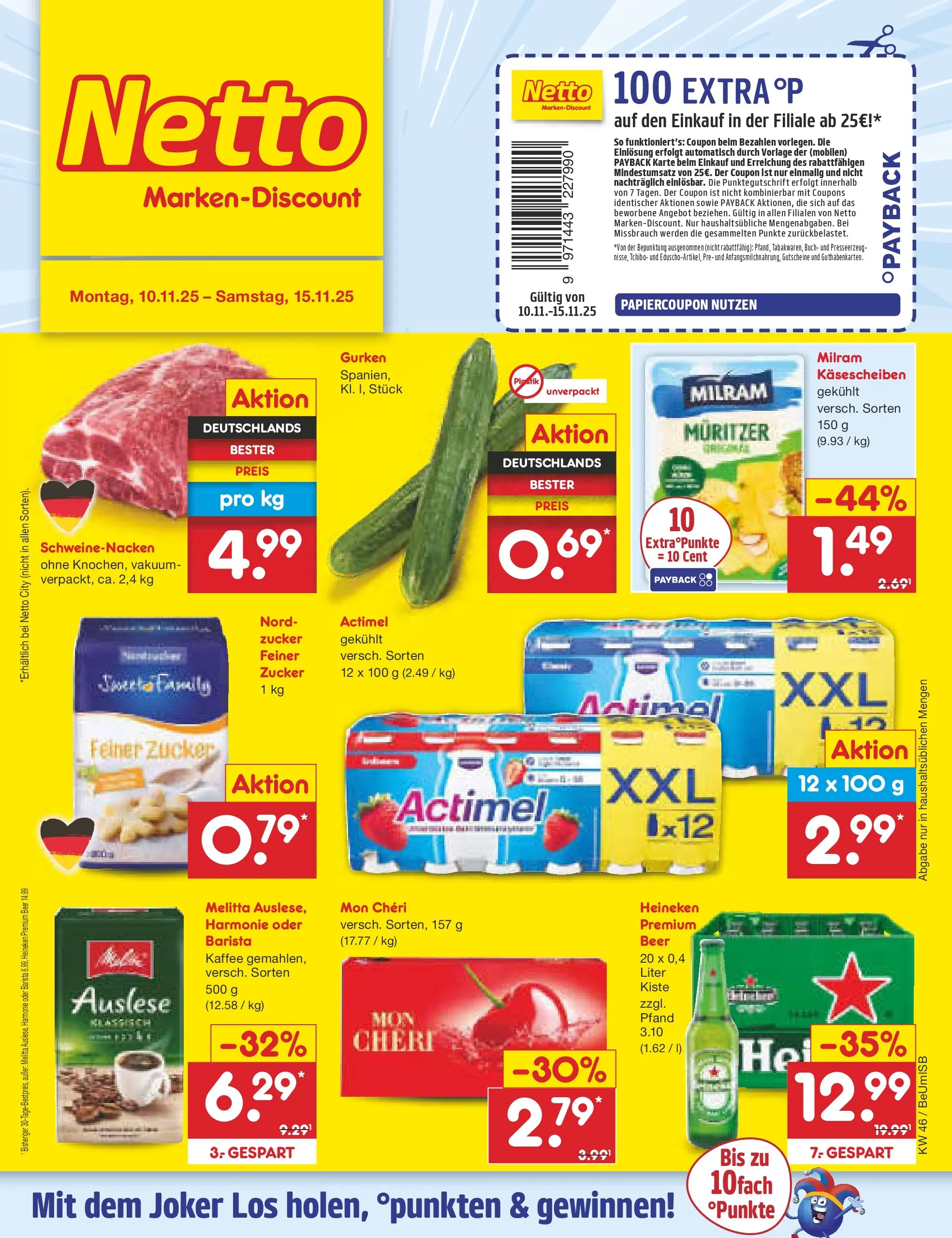 Netto Marken-Discount prospekt Kremmen	 (ab 10.11.2025) » Angebote | Seite: 1 | Produkte: Actimel, Schweinenacken, Heineken, Gurken