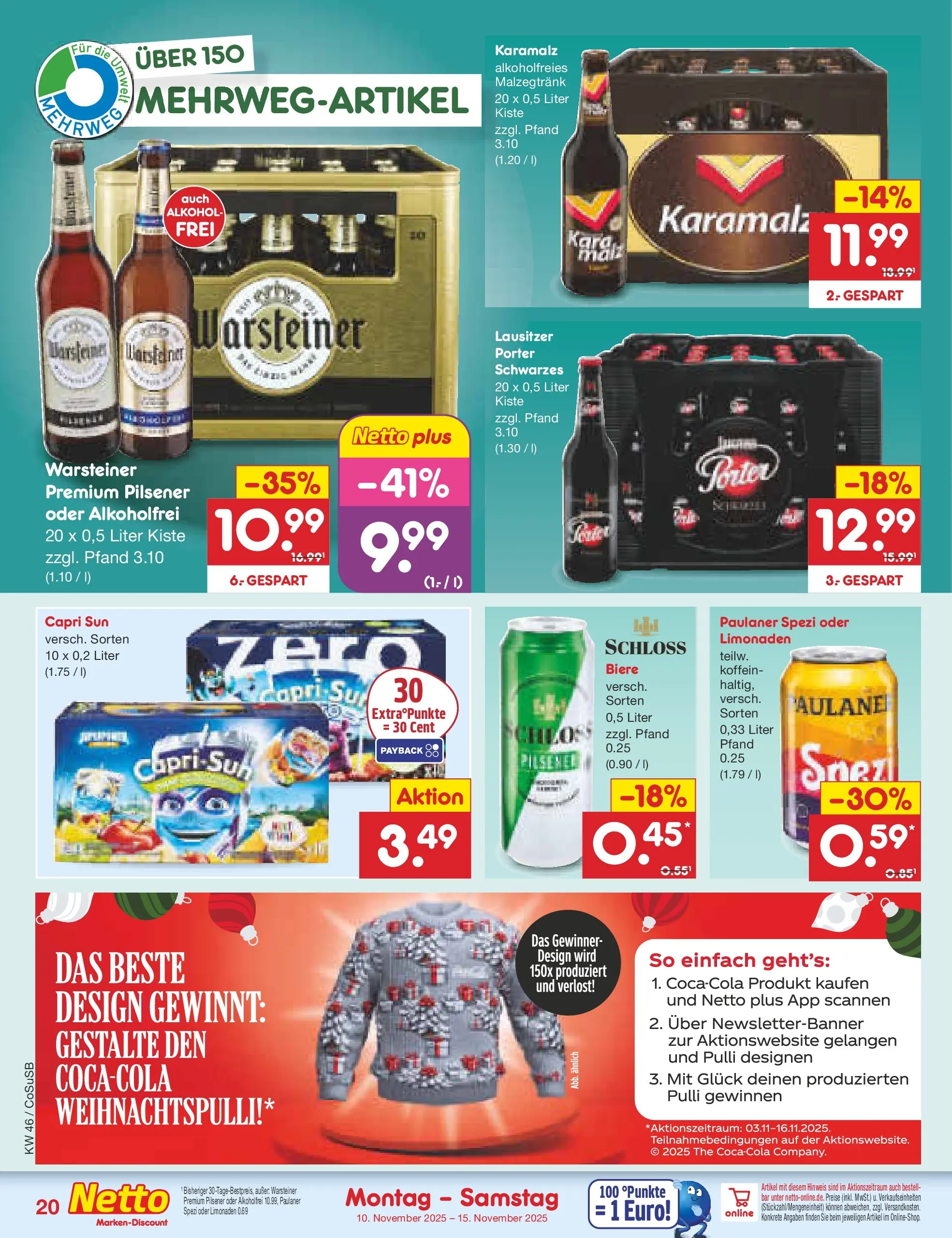 Netto Marken-Discount prospekt Bitterfeld-Wolfen	 (ab 10.11.2025) » Angebote | Seite: 20 | Produkte: Capri sun, Paulaner spezi, Warsteiner, Paulaner