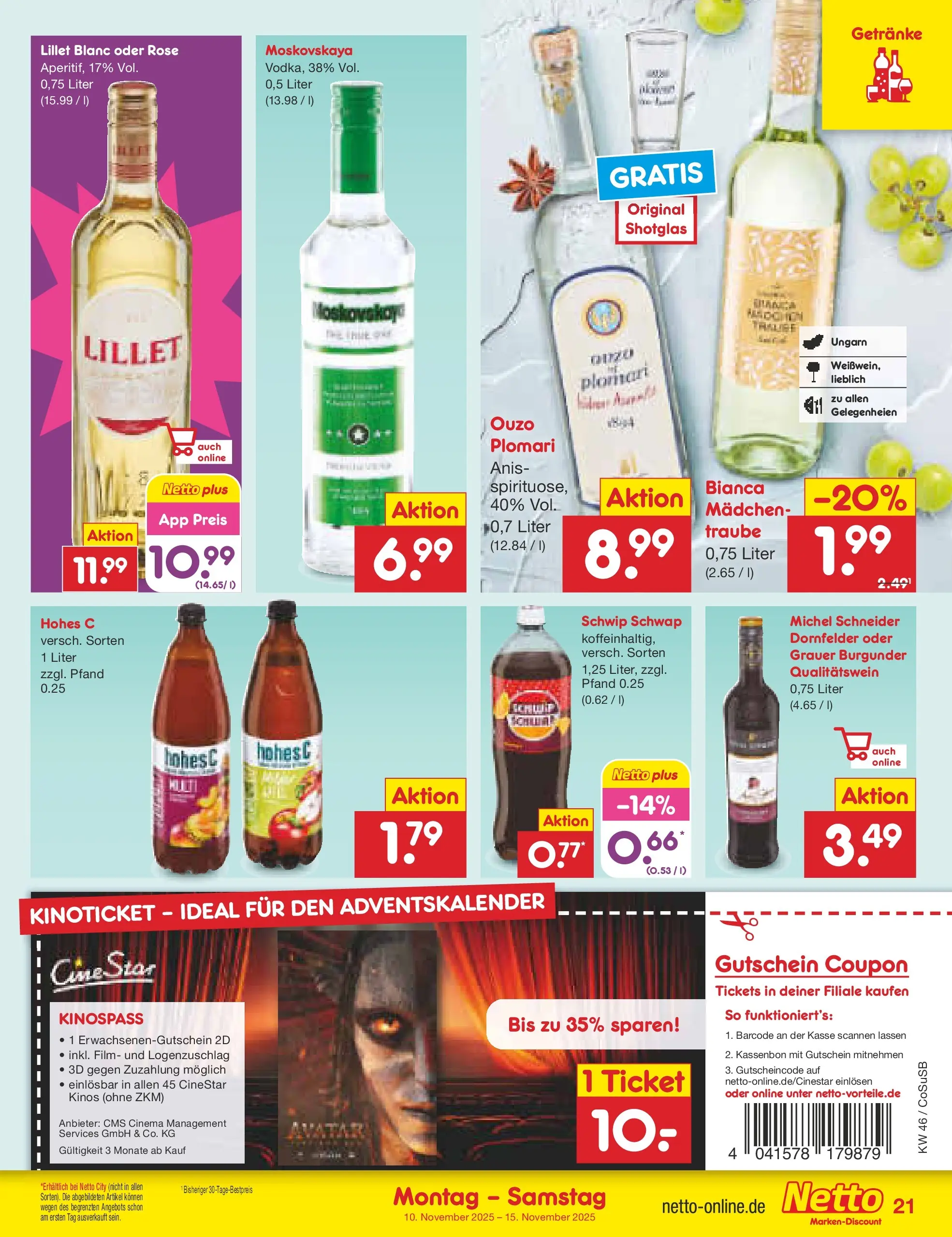 Netto Marken-Discount prospekt Bitterfeld-Wolfen	 (ab 10.11.2025) » Angebote | Seite: 21 | Produkte: Ouzo, Schwip schwap, Lillet, Hohes c