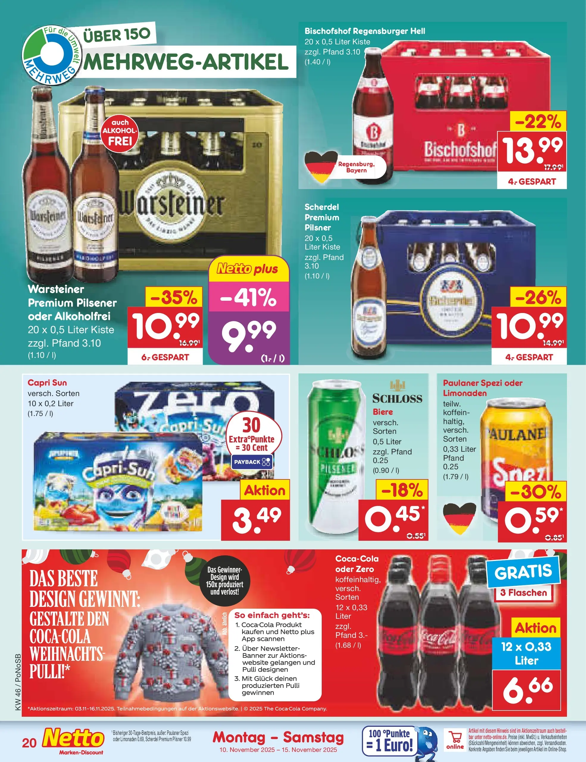 Netto Marken-Discount prospekt Amberg	 (ab 10.11.2025) » Angebote | Seite: 20 | Produkte: Capri sun, Paulaner spezi, Warsteiner, Paulaner