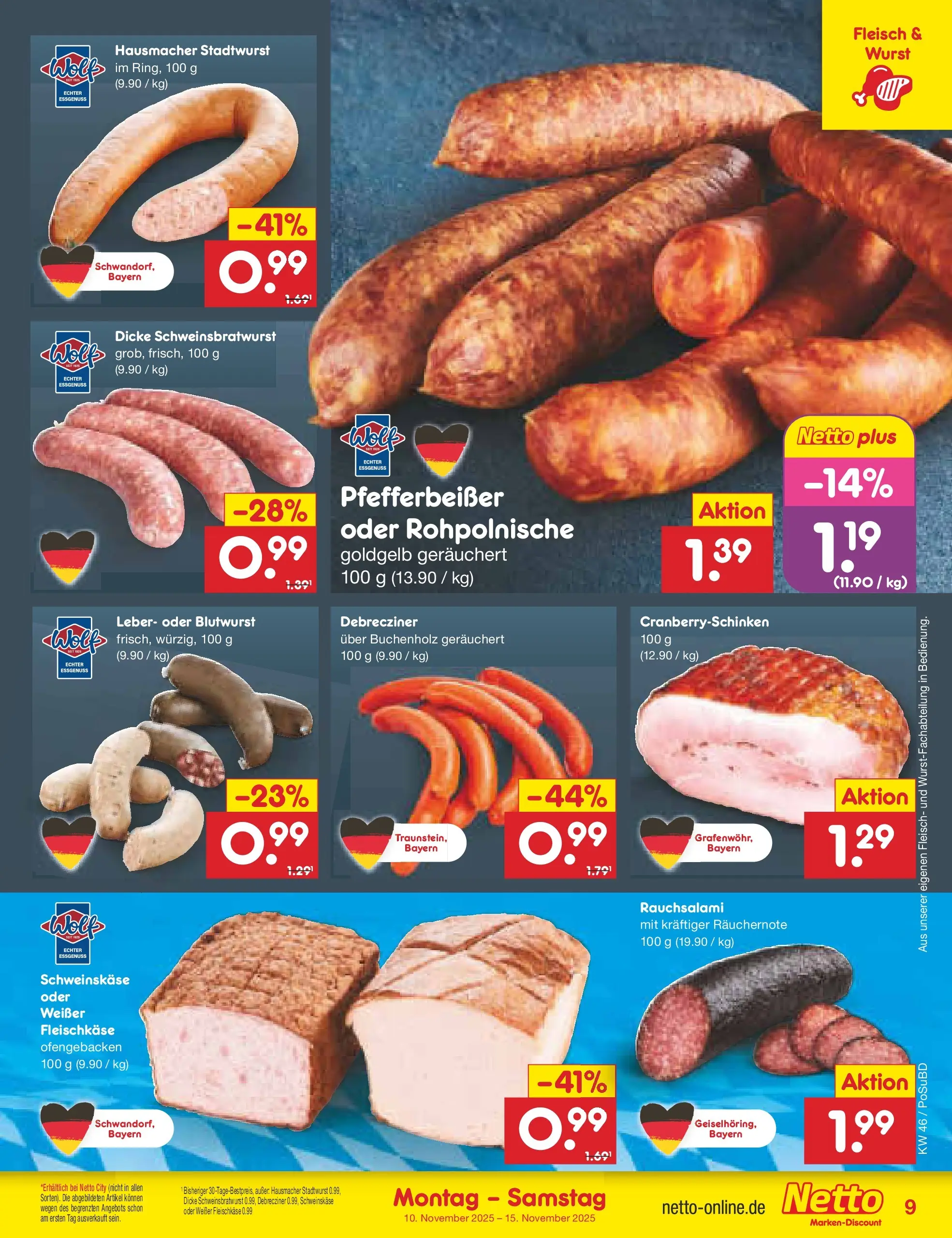 Netto Marken-Discount prospekt Regensburg	 (ab 10.11.2025) » Angebote | Seite: 9 | Produkte: Bratwurst, Wurst, Fleisch