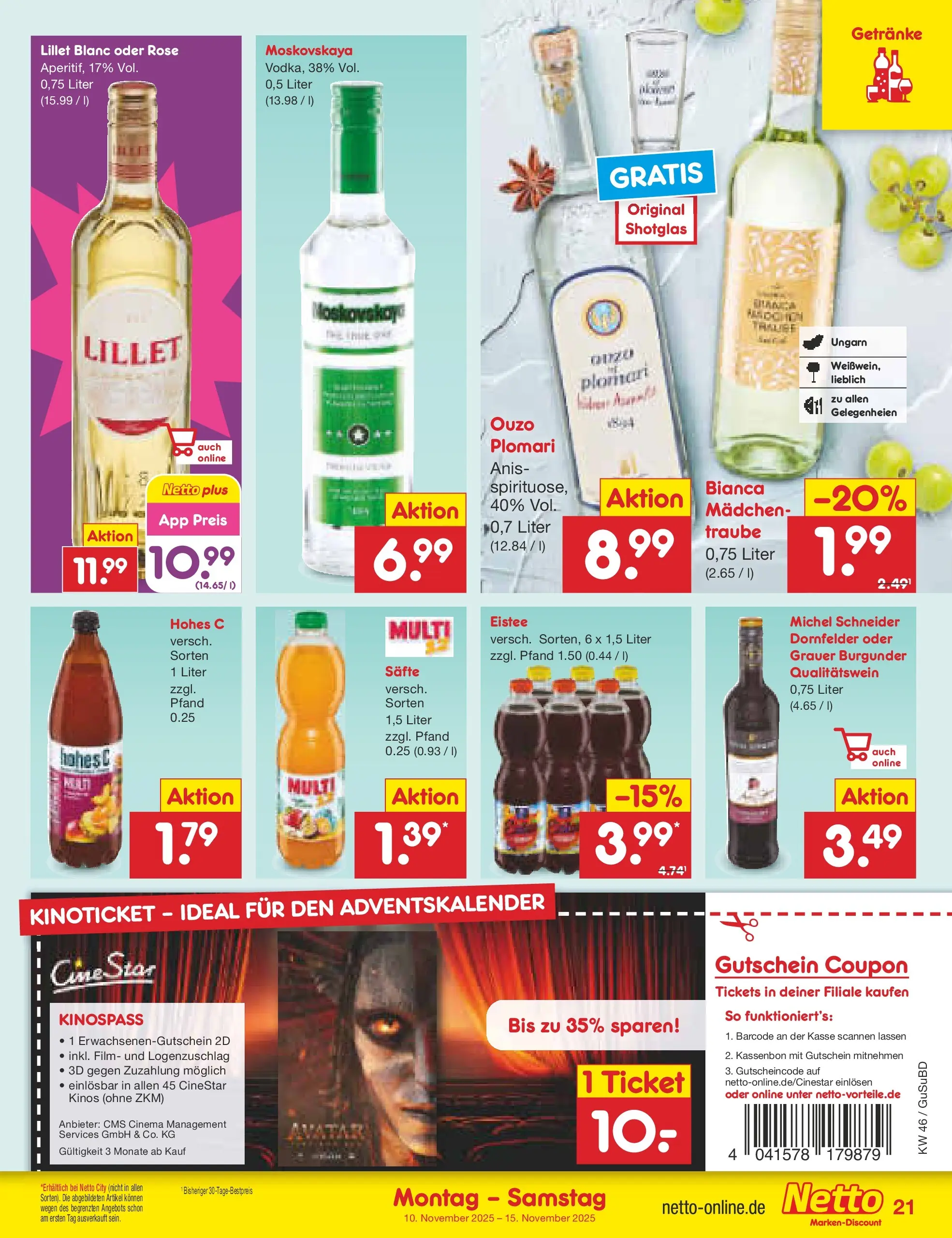 Netto Marken-Discount prospekt Glauchau	 (ab 10.11.2025) » Angebote | Seite: 21 | Produkte: Ouzo, Lillet, Hohes c