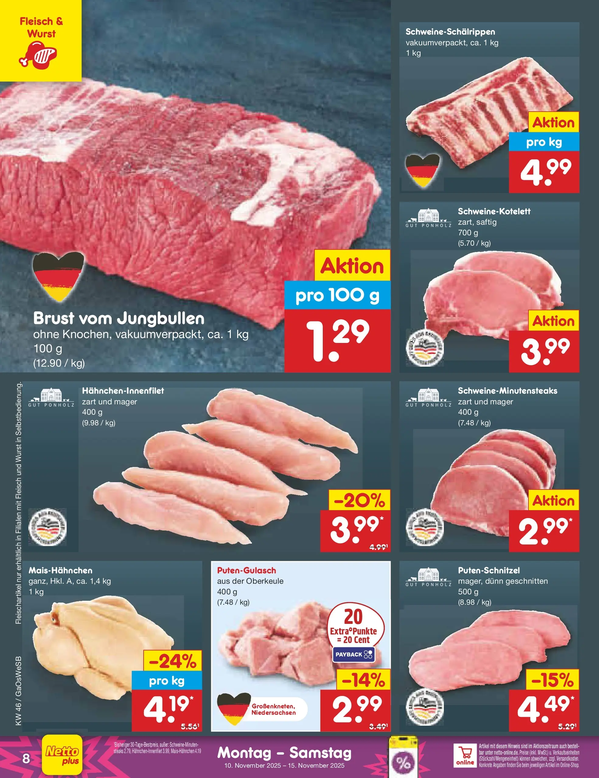 Netto Marken-Discount prospekt Moormerland	 (ab 10.11.2025) » Angebote | Seite: 8 | Produkte: Putenschnitzel, Wurst, Fleisch