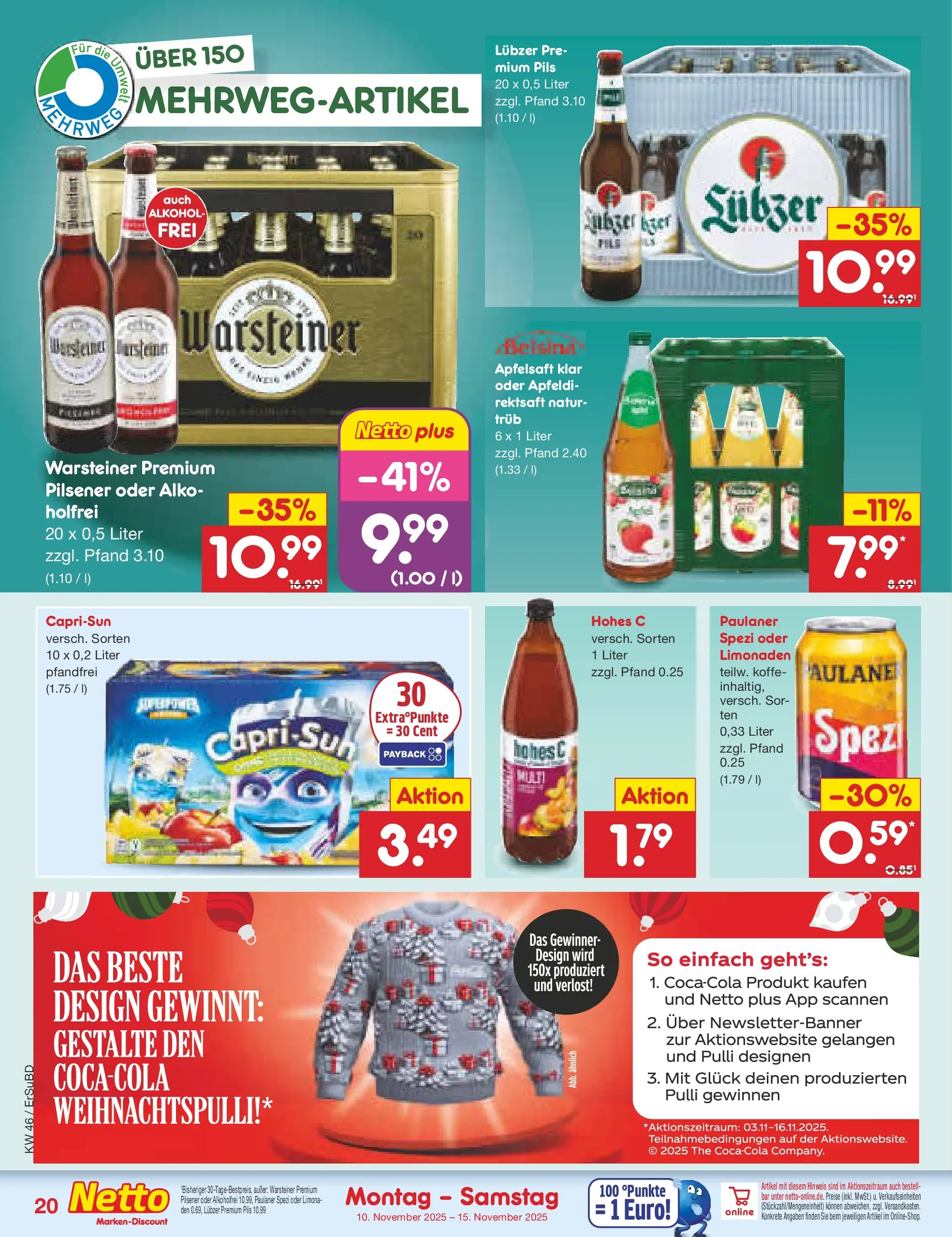 Netto Marken-Discount prospekt Jena-Lobeda	 (ab 10.11.2025) » Angebote | Seite: 20 | Produkte: Pils, Apfelsaft, Warsteiner, Lubzer