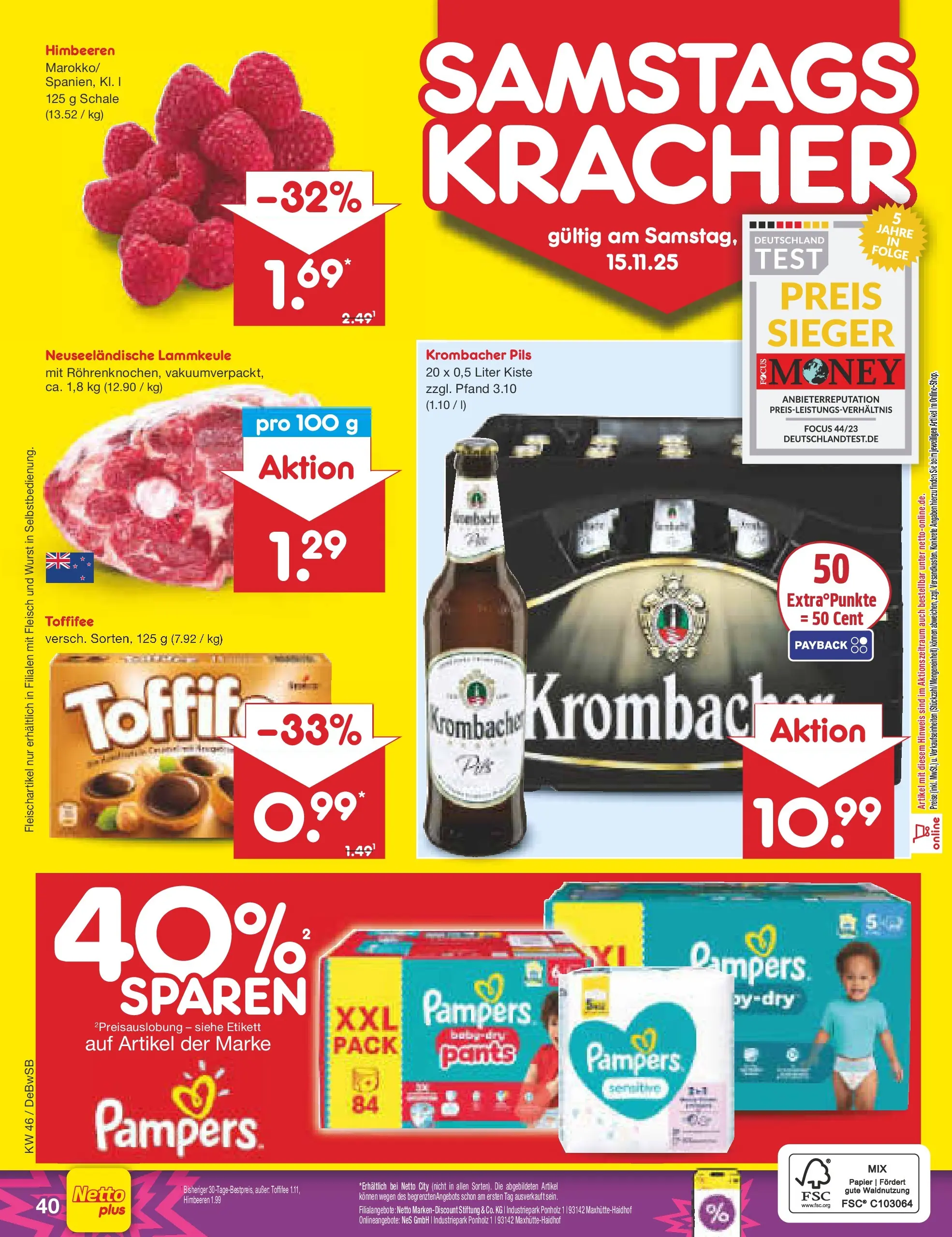 Netto Marken-Discount prospekt Waiblingen-Bittenfeld	 (ab 10.11.2025) » Angebote | Seite: 48 | Produkte: Himbeeren, Pampers, Toffifee, Krombacher