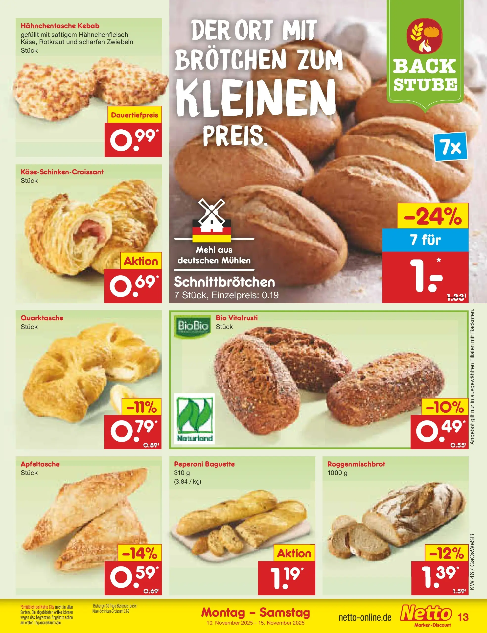 Netto Marken-Discount prospekt Moormerland	 (ab 10.11.2025) » Angebote | Seite: 13 | Produkte: Mehl, Baguette, Zwiebeln