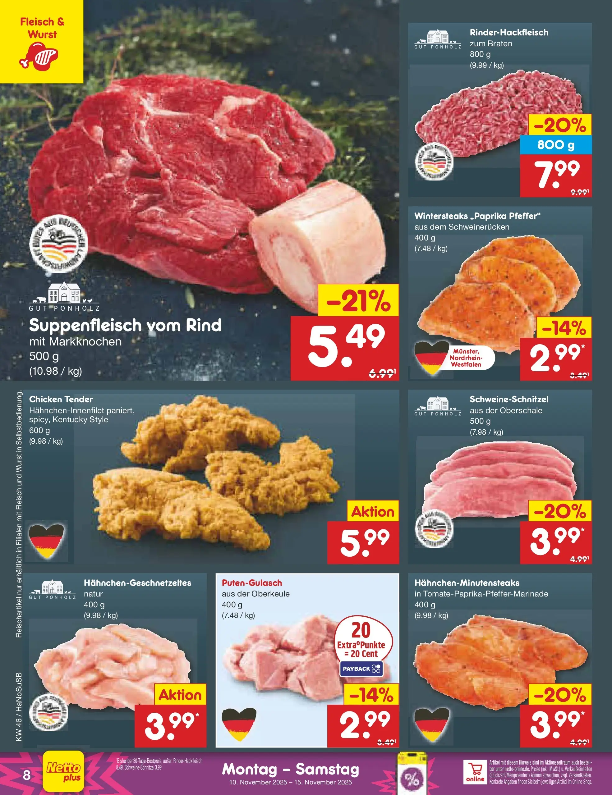 Netto Marken-Discount prospekt Wuppertal	 (ab 10.11.2025) » Angebote | Seite: 8 | Produkte: Pfeffer, Suppenfleisch, Schweinerucken, Fleisch