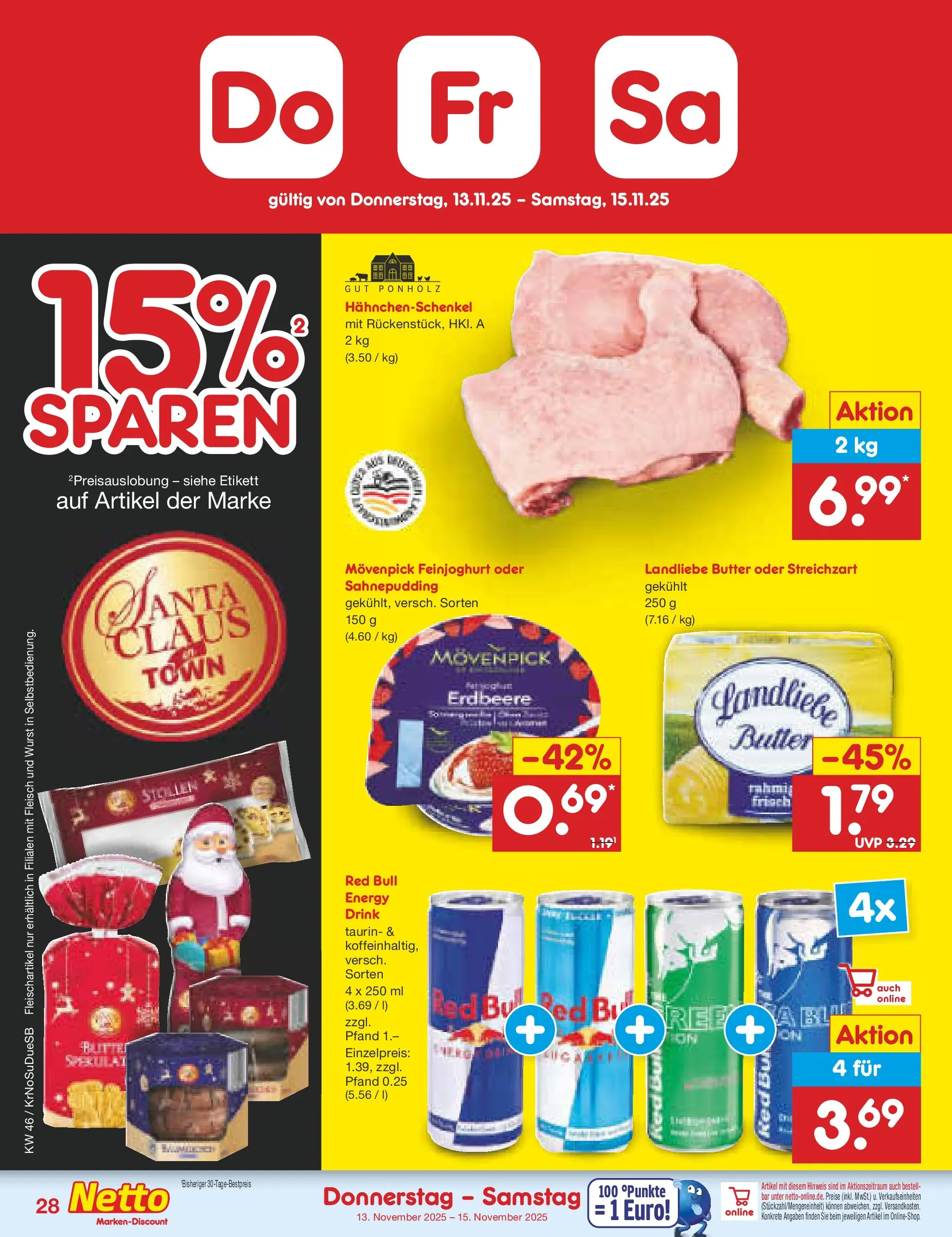 Netto Marken-Discount prospekt Jüchen	 (ab 10.11.2025) » Angebote | Seite: 36 | Produkte: Red bull, Hahnchenschenkel, Landliebe butter, Fleisch