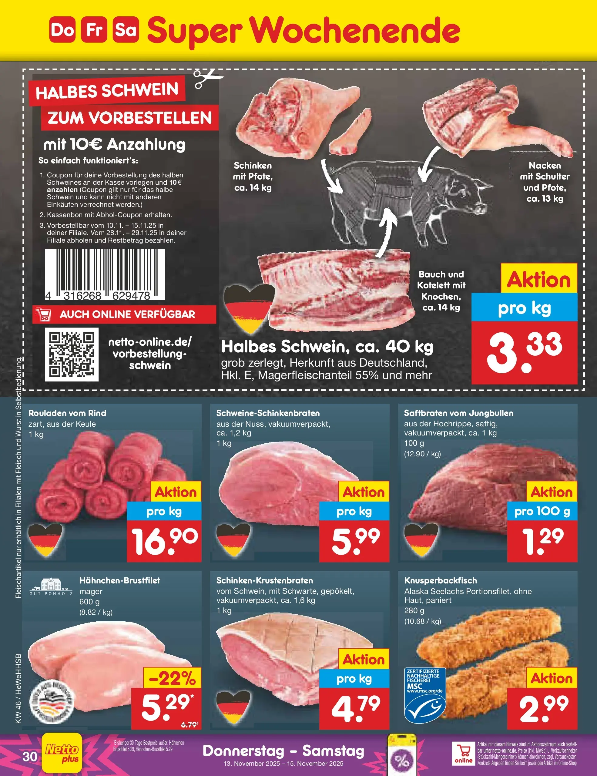 Netto Marken-Discount prospekt Brietlingen	 (ab 10.11.2025) » Angebote | Seite: 38 | Produkte: Hahnchen, Wurst, Schinken, Fleisch