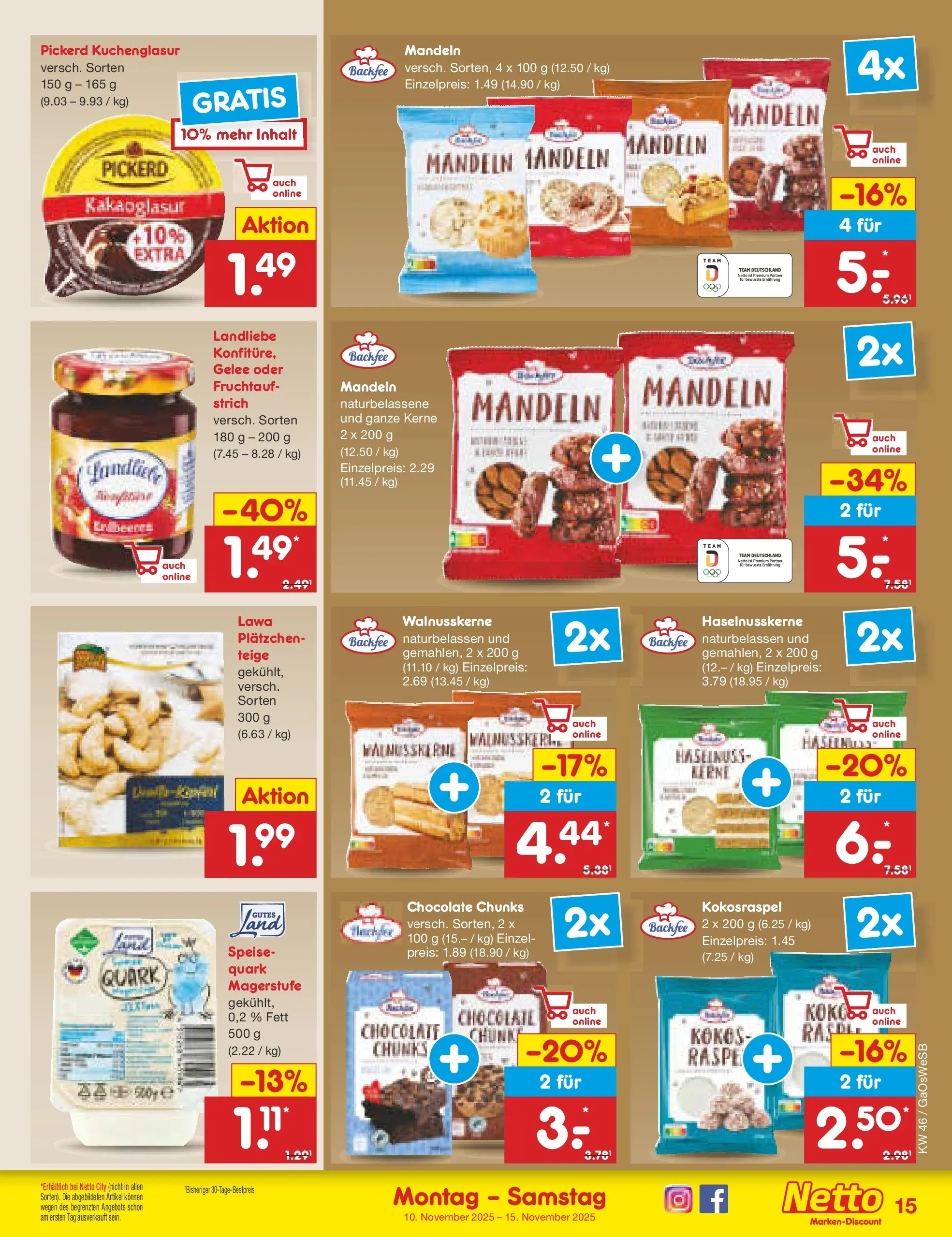 Netto Marken-Discount prospekt Moormerland	 (ab 10.11.2025) » Angebote | Seite: 15 | Produkte: Quark, Mandeln