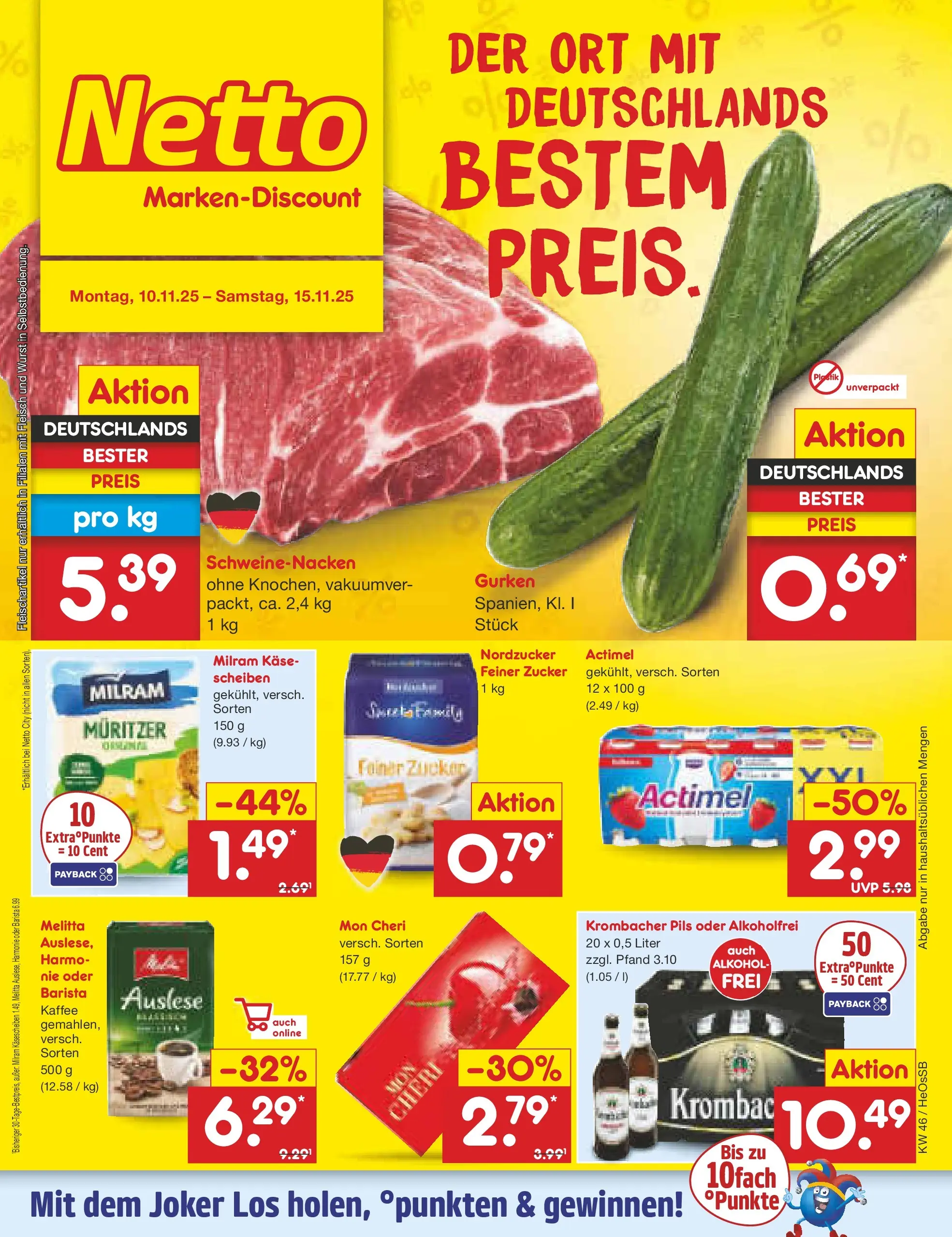 Netto Marken-Discount prospekt Kröpelin	 (ab 10.11.2025) » Angebote | Seite: 1 | Produkte: Kaffee, Pils, Schweinenacken, Mon cheri