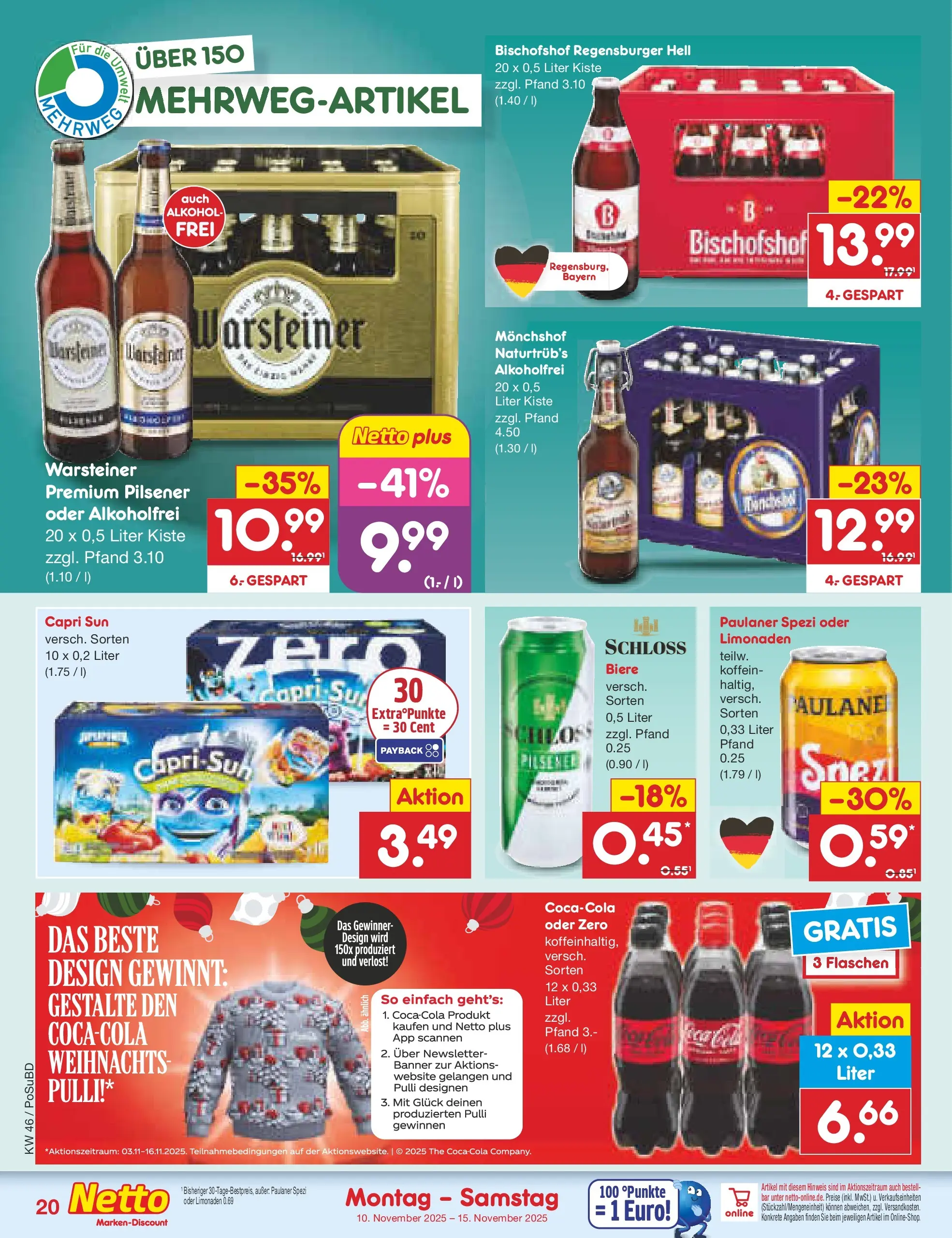 Netto Marken-Discount prospekt Regensburg	 (ab 10.11.2025) » Angebote | Seite: 20 | Produkte: Monchshof, Capri sun, Warsteiner, Paulaner