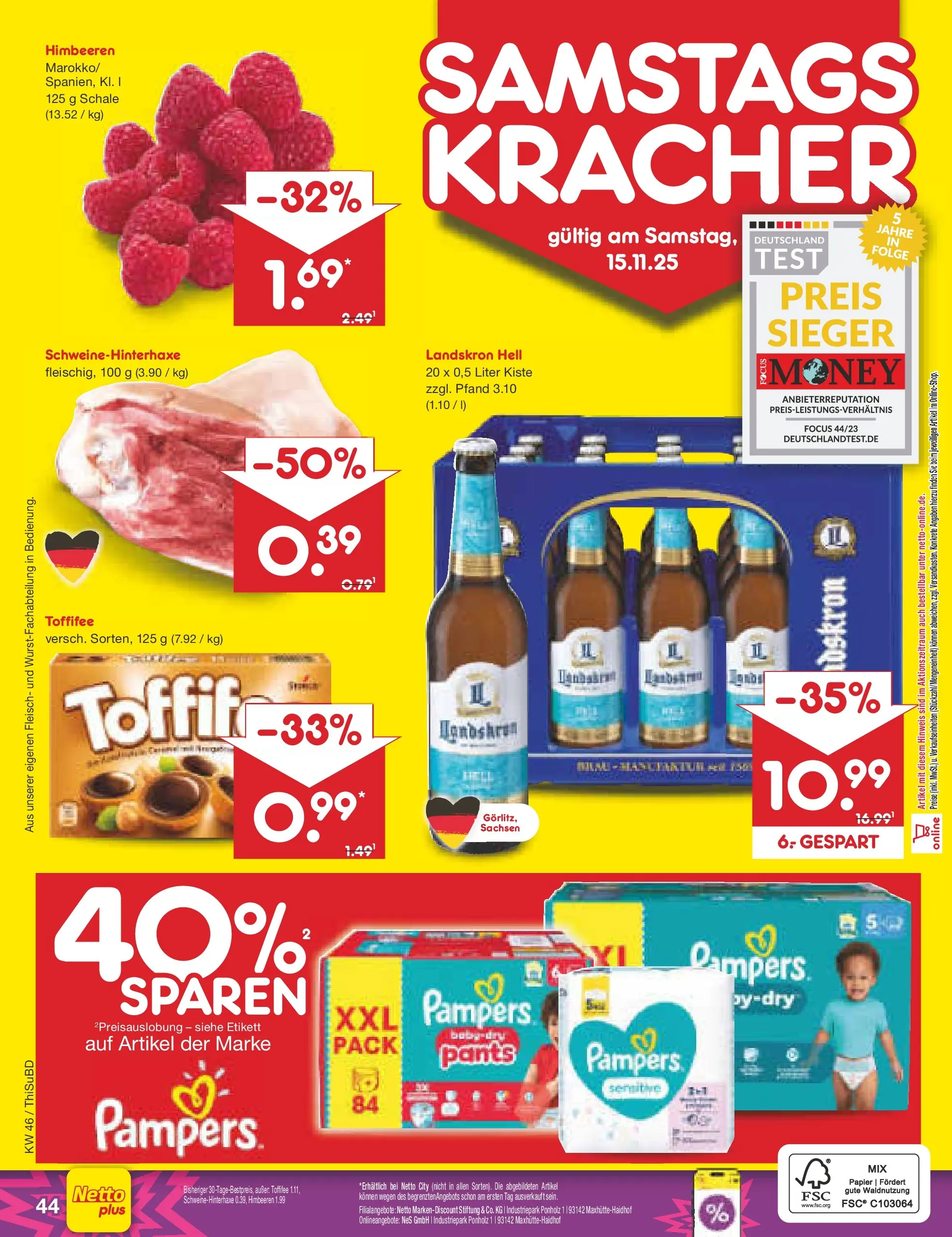 Netto Marken-Discount prospekt Thiendorf	 (ab 10.11.2025) » Angebote | Seite: 52 | Produkte: Himbeeren, Pampers, Toffifee, Fleisch