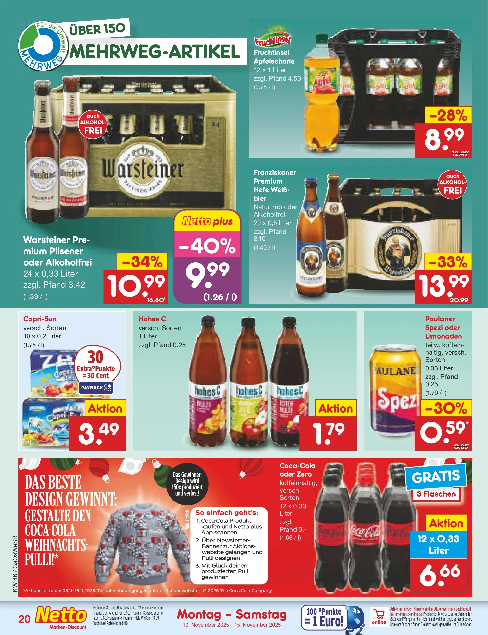 Netto Marken-Discount prospekt Moormerland	 (ab 10.11.2025) » Angebote | Seite: 20 | Produkte: Franziskaner, Hefe weissbier, Warsteiner, Hohes c