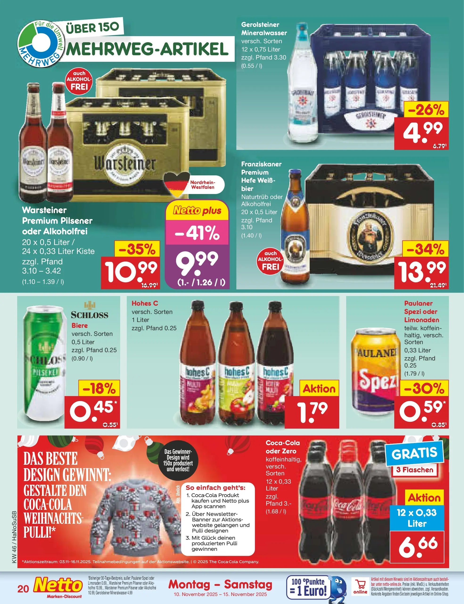 Netto Marken-Discount prospekt Wuppertal	 (ab 10.11.2025) » Angebote | Seite: 20 | Produkte: Franziskaner, Mineralwasser, Warsteiner, Gerolsteiner