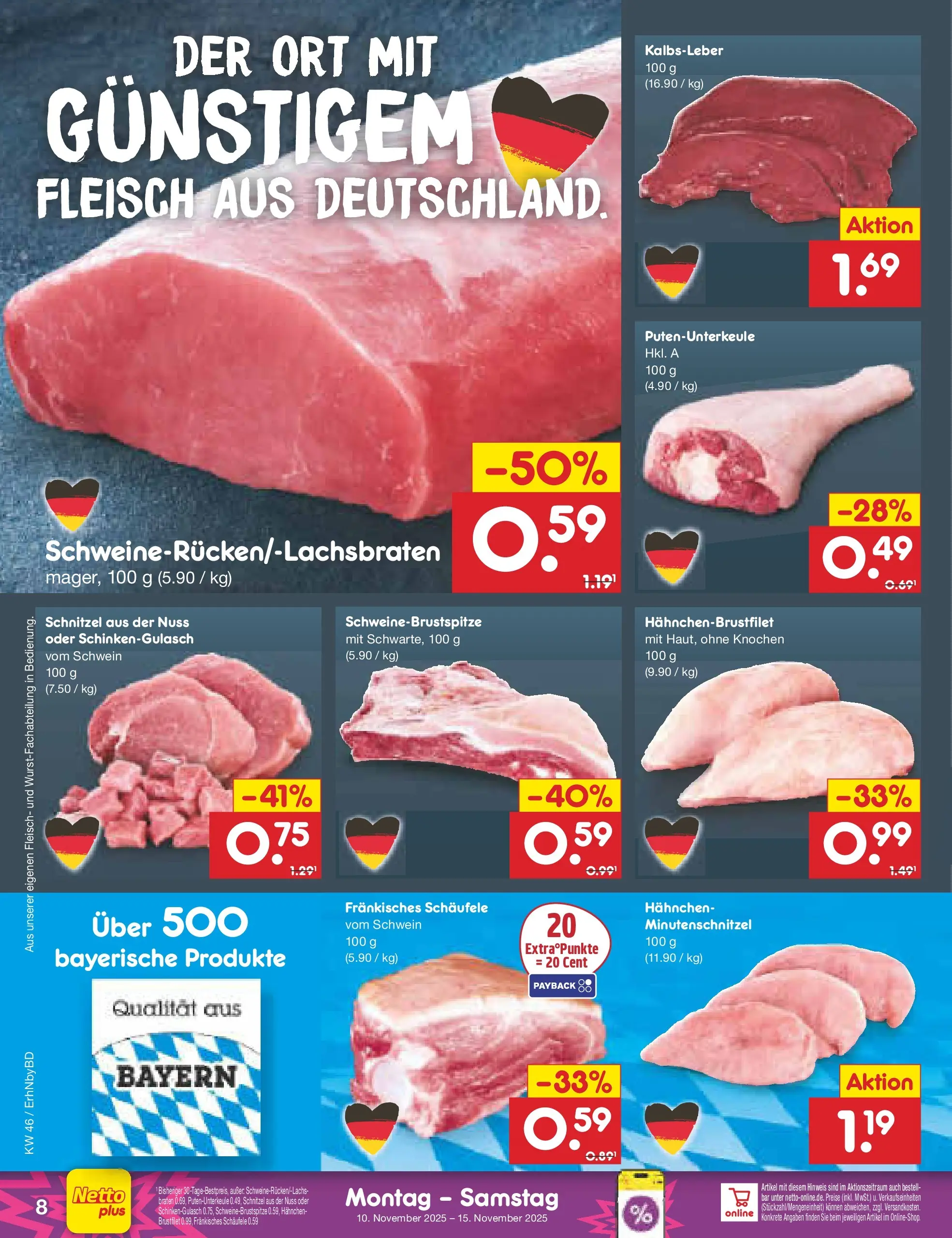 Netto Marken-Discount prospekt Ergolding	 (ab 09.11.2025) » Angebote | Seite: 8 | Produkte: Hahnchen, Schnitzel, Kalbsleber, Fleisch