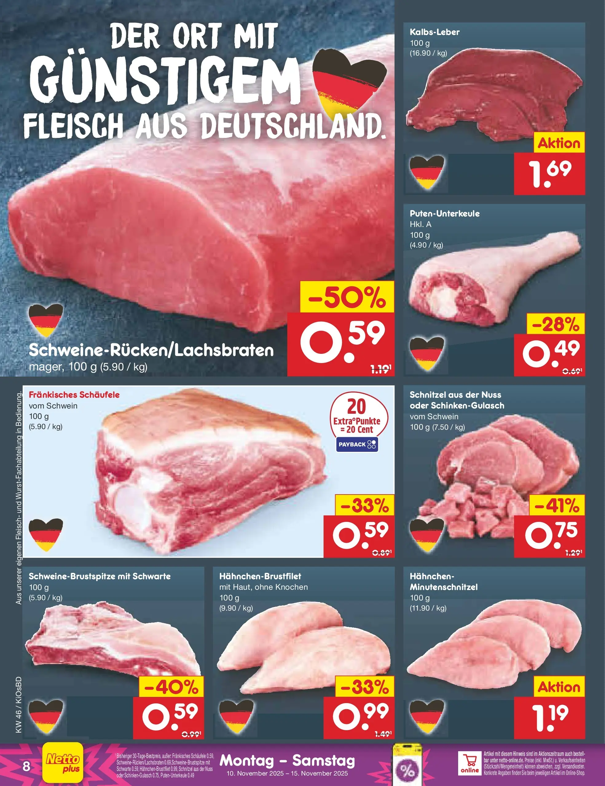 Netto Marken-Discount prospekt Mistelbach	 (ab 10.11.2025) » Angebote | Seite: 8 | Produkte: Hahnchen, Schnitzel, Kalbsleber, Fleisch