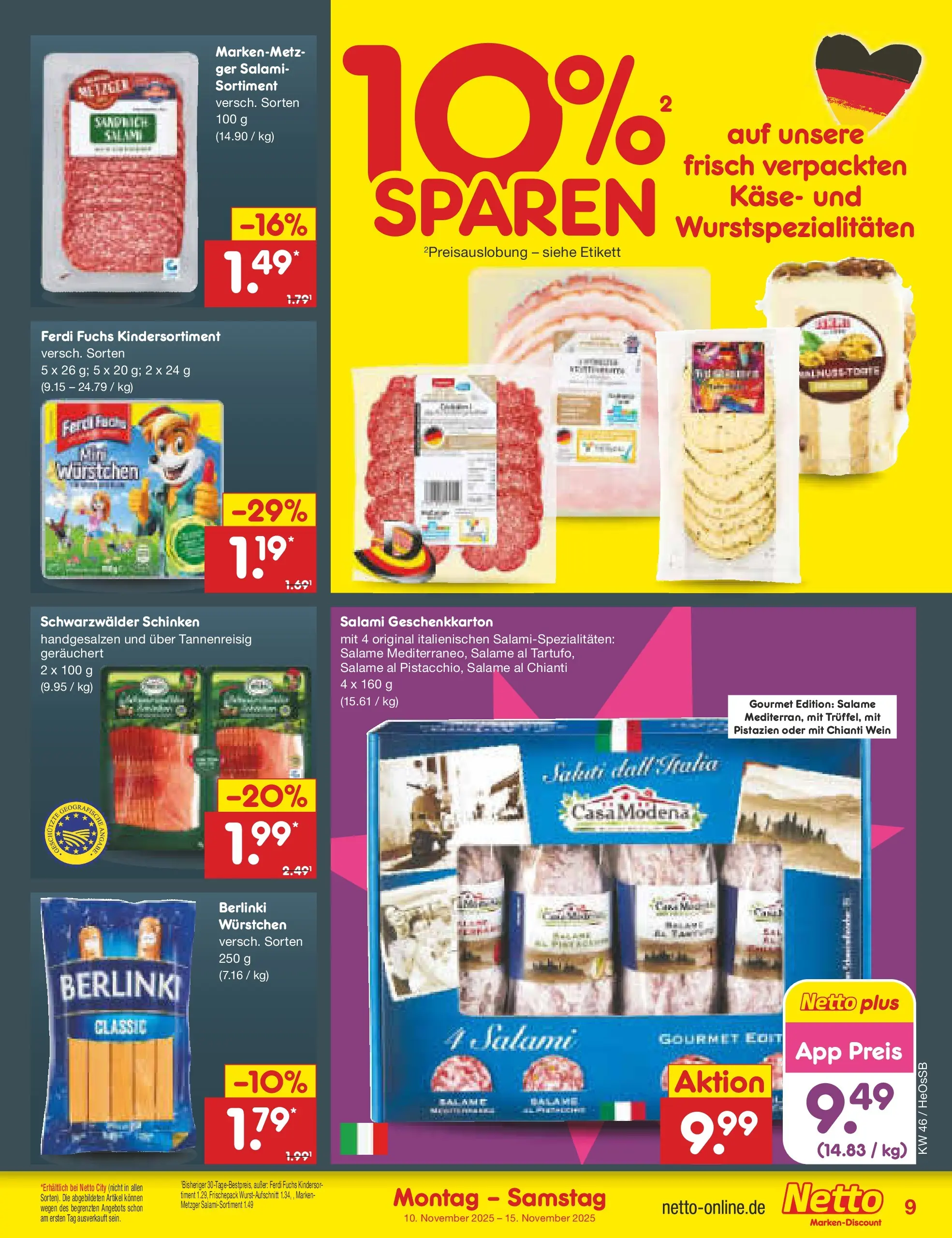 Netto Marken-Discount prospekt Kröpelin	 (ab 10.11.2025) » Angebote | Seite: 9 | Produkte: Käse, Pistazien, Schinken, Wein