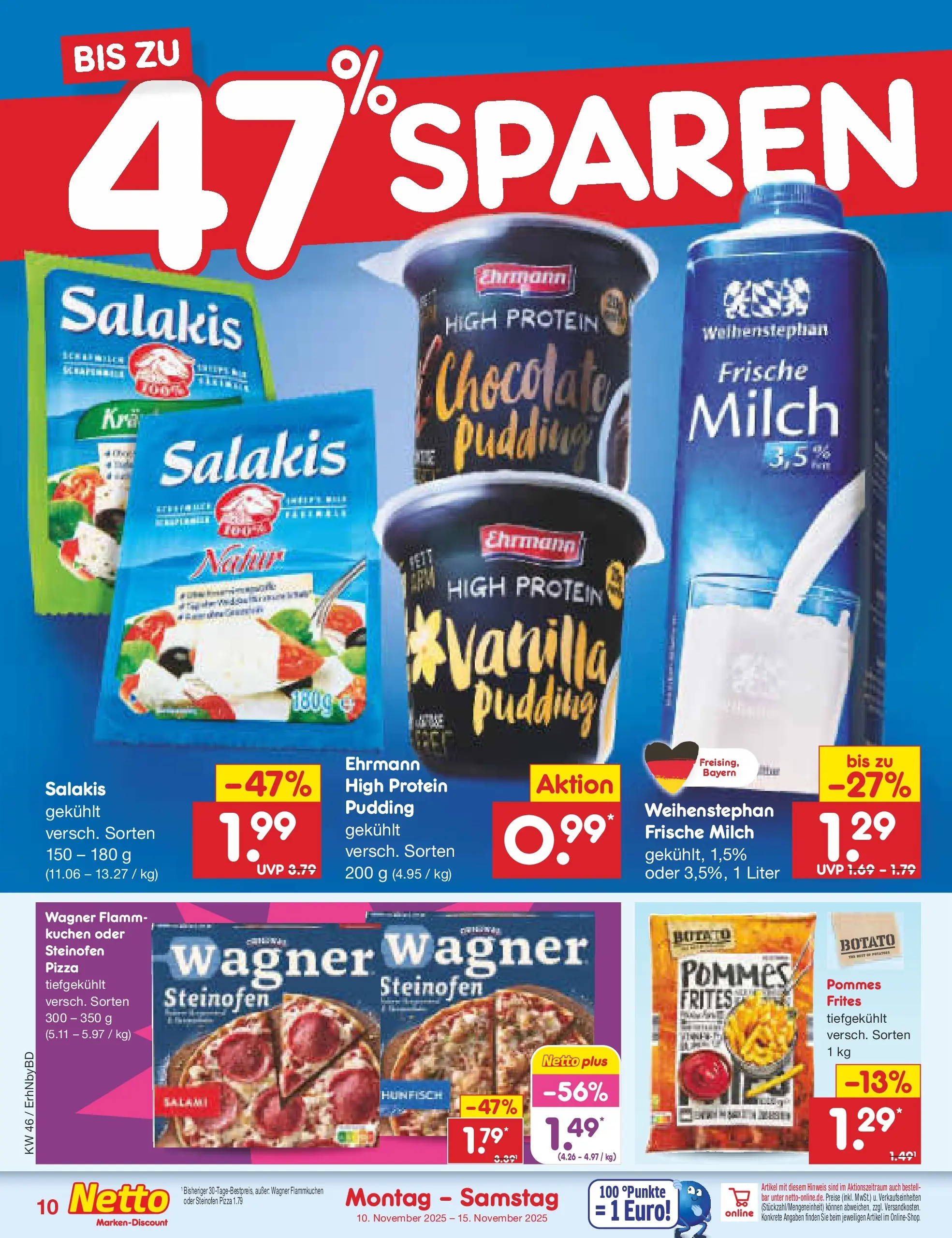 Netto Marken-Discount prospekt Ergolding	 (ab 09.11.2025) » Angebote | Seite: 10 | Produkte: Milch, Pommes, Salami, Kuchen