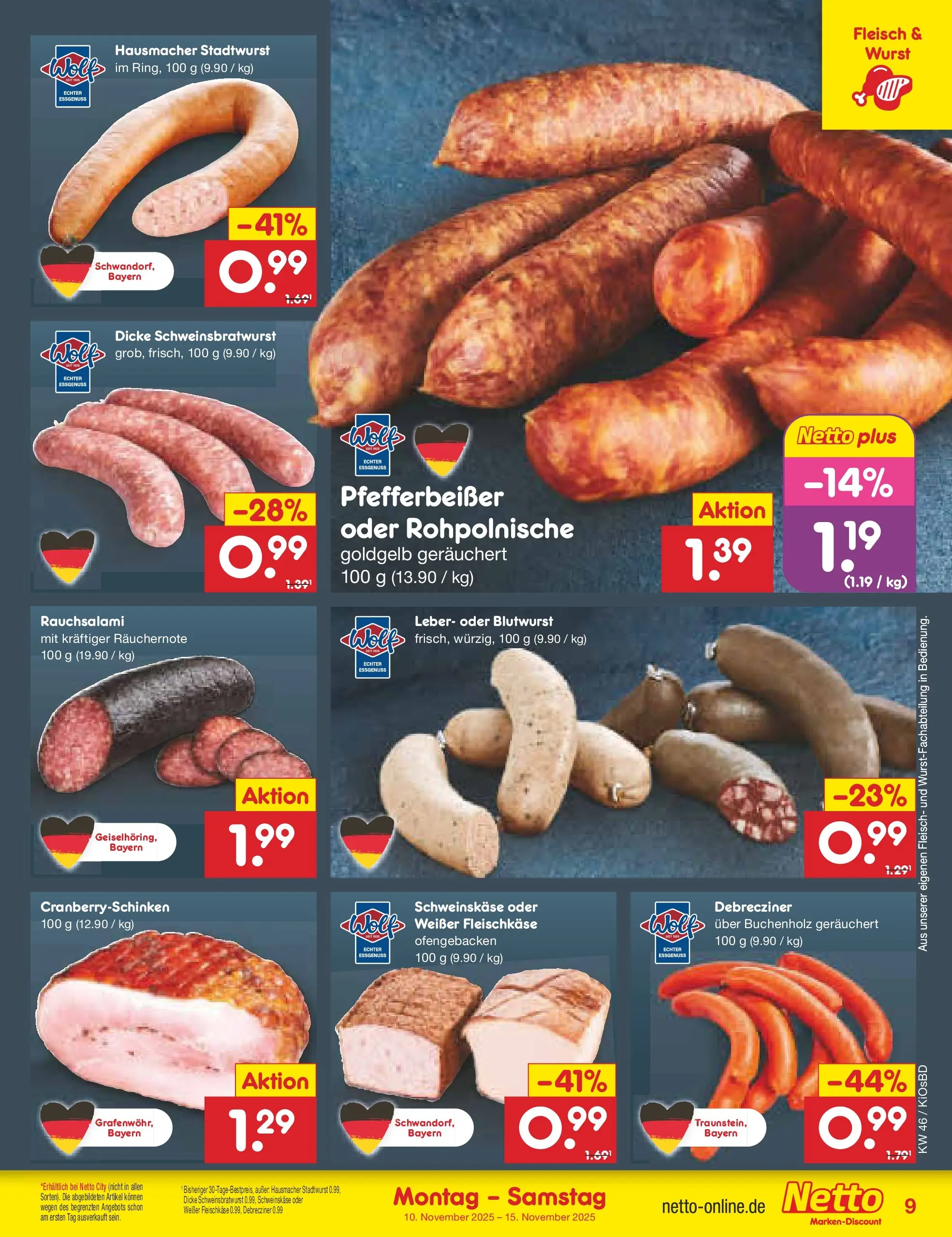 Netto Marken-Discount prospekt Mistelbach	 (ab 10.11.2025) » Angebote | Seite: 9 | Produkte: Bratwurst, Wurst, Fleisch