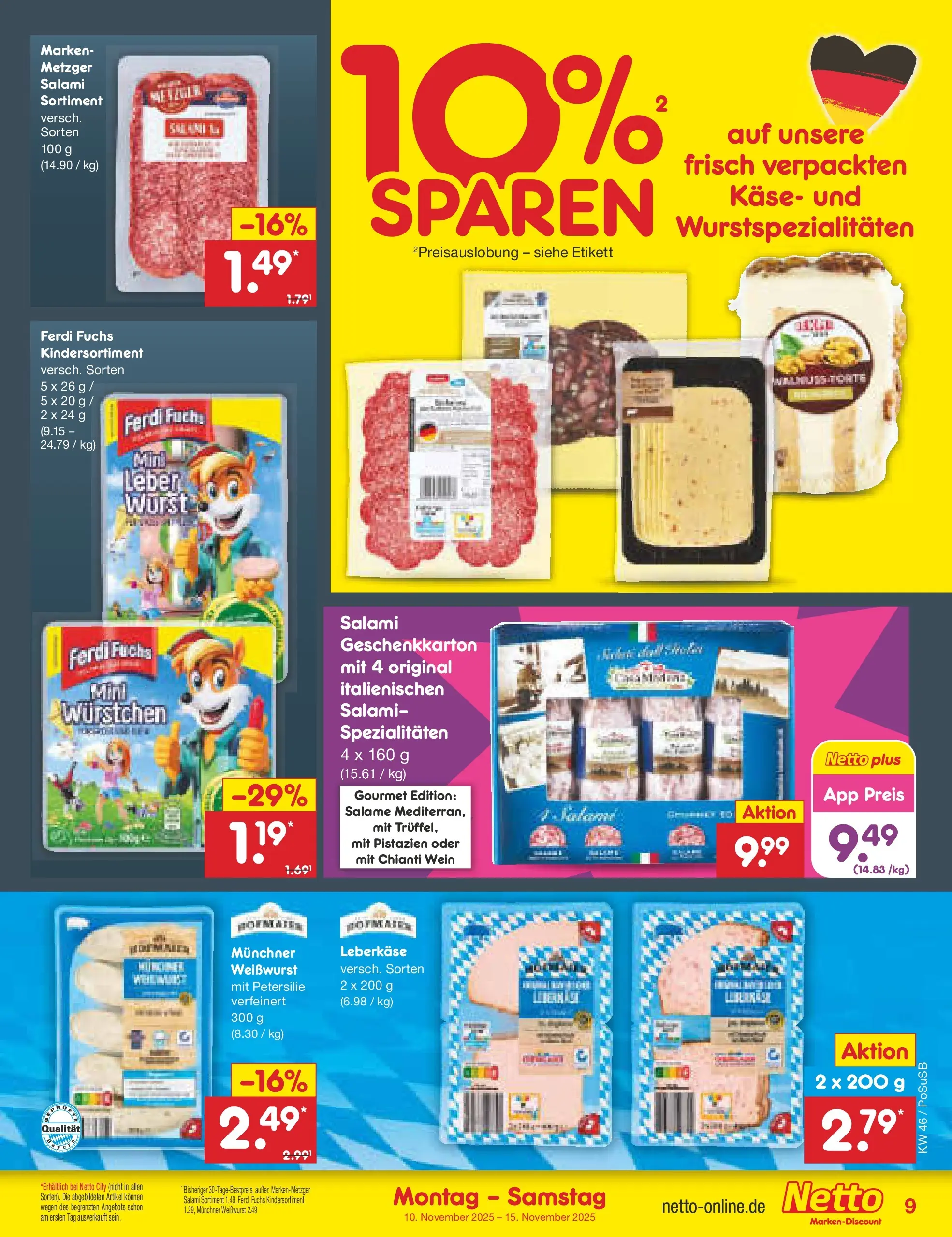 Netto Marken-Discount prospekt Regensburg	 (ab 10.11.2025) » Angebote | Seite: 9 | Produkte: Käse, Pistazien, Salami, Wein