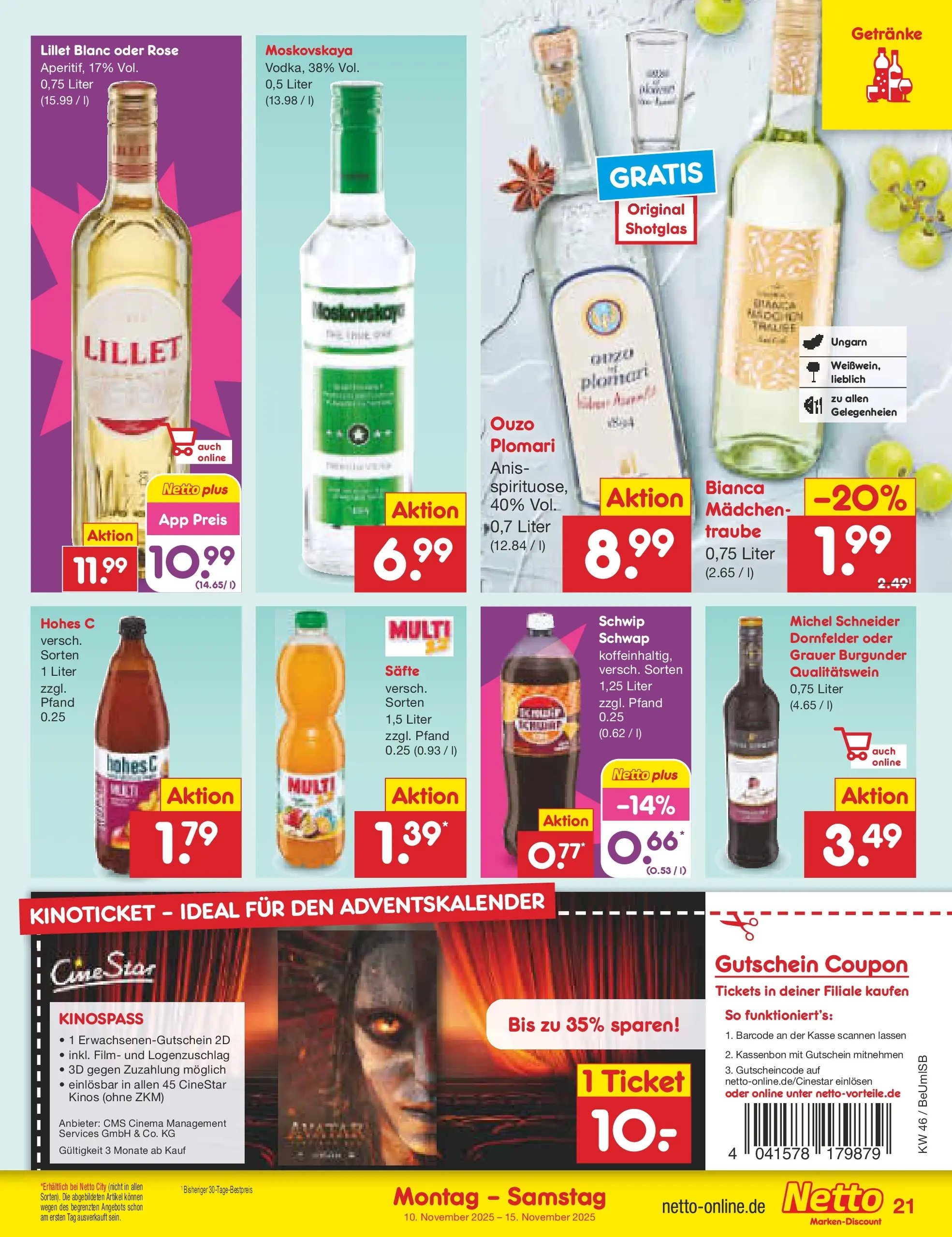 Netto Marken-Discount prospekt Kremmen	 (ab 10.11.2025) » Angebote | Seite: 21 | Produkte: Ouzo, Lillet, Hohes c