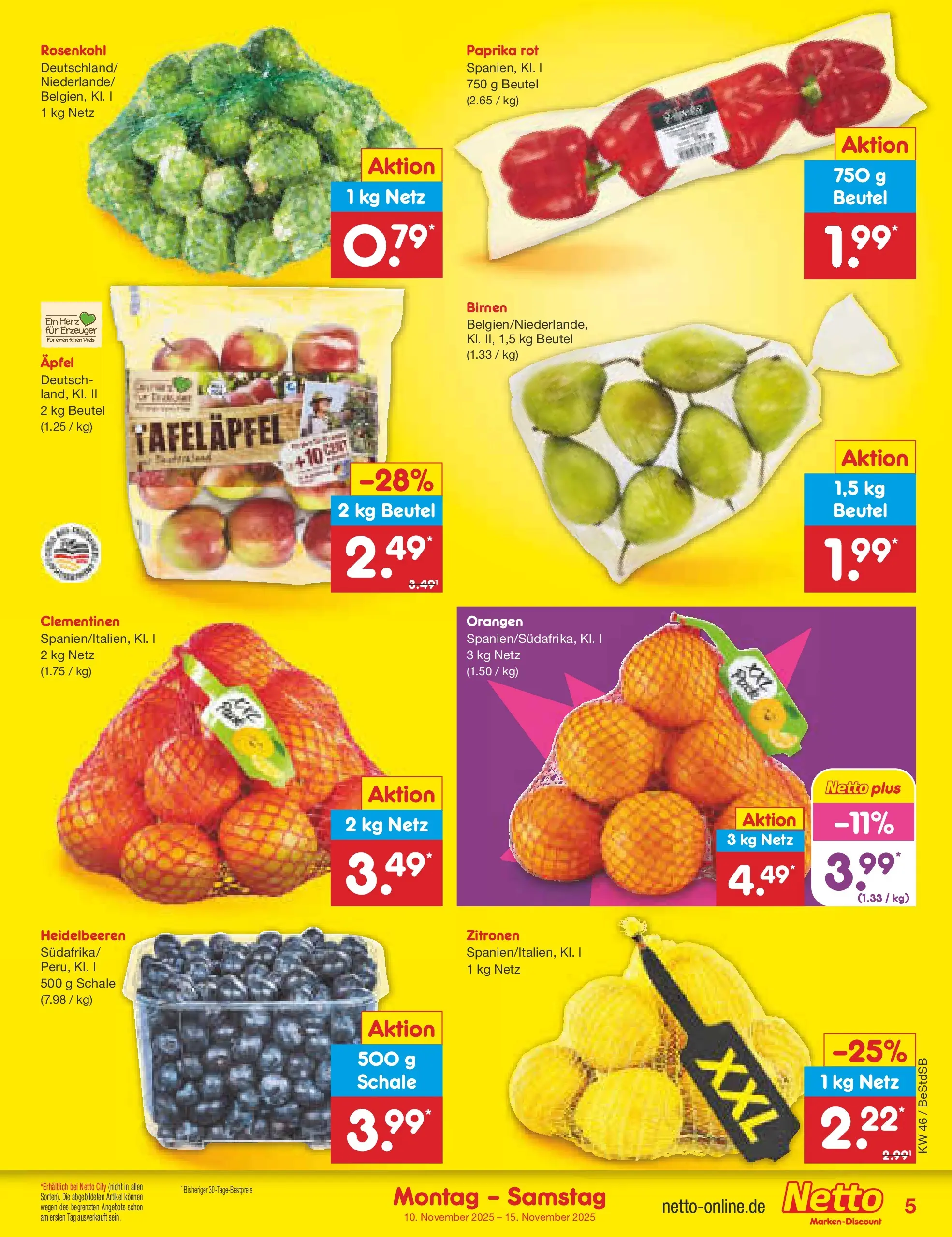 Netto Marken-Discount prospekt Berlin-Spandau	 (ab 10.11.2025) » Angebote | Seite: 5 | Produkte: Paprika rot, Äpfel, Heidelbeeren, Zitronen