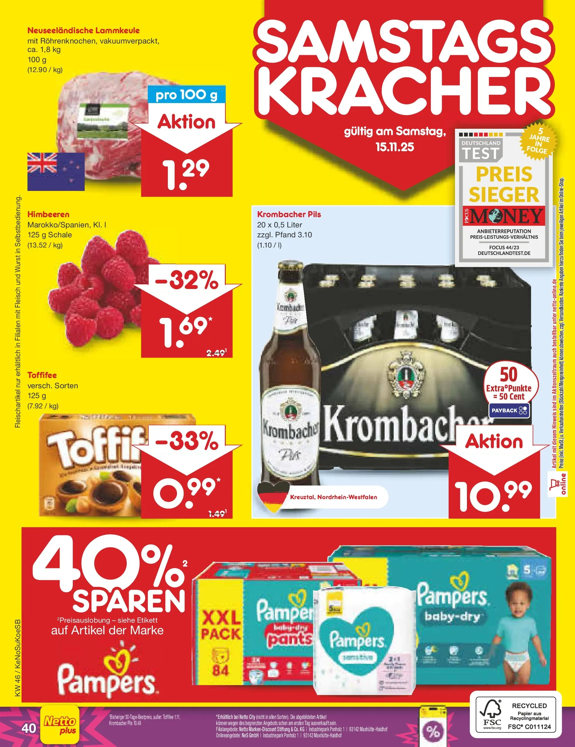 Netto Marken-Discount prospekt Bonn	 (ab 10.11.2025) » Angebote | Seite: 48 | Produkte: Himbeeren, Wurst, Toffifee, Krombacher