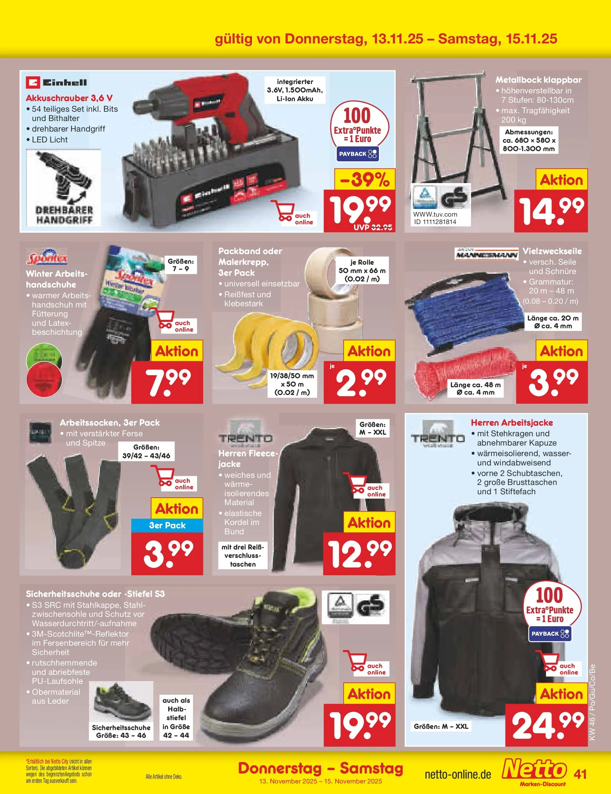 Netto Marken-Discount prospekt Selb	 (ab 10.11.2025) » Angebote | Seite: 49 | Produkte: Akkuschrauber, Wasser, Stiefel, Handschuhe