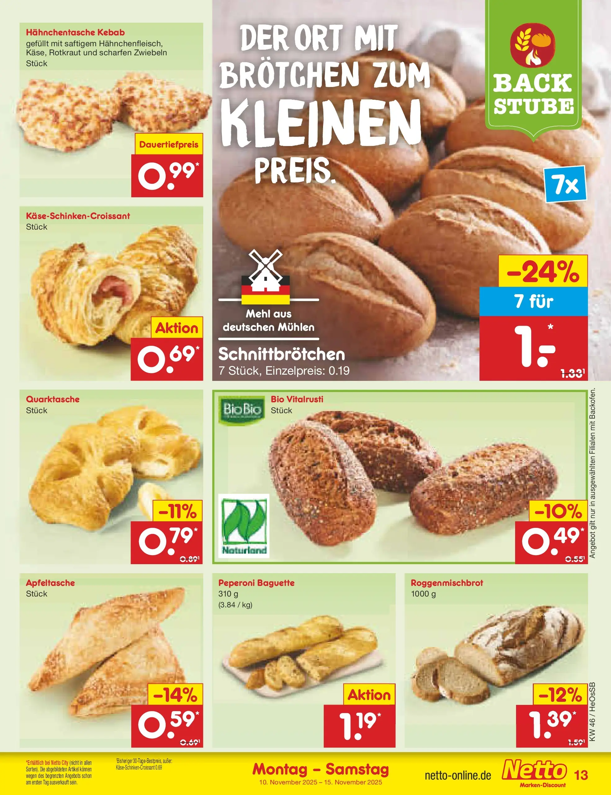 Netto Marken-Discount prospekt Kröpelin	 (ab 10.11.2025) » Angebote | Seite: 13 | Produkte: Mehl, Baguette, Zwiebeln