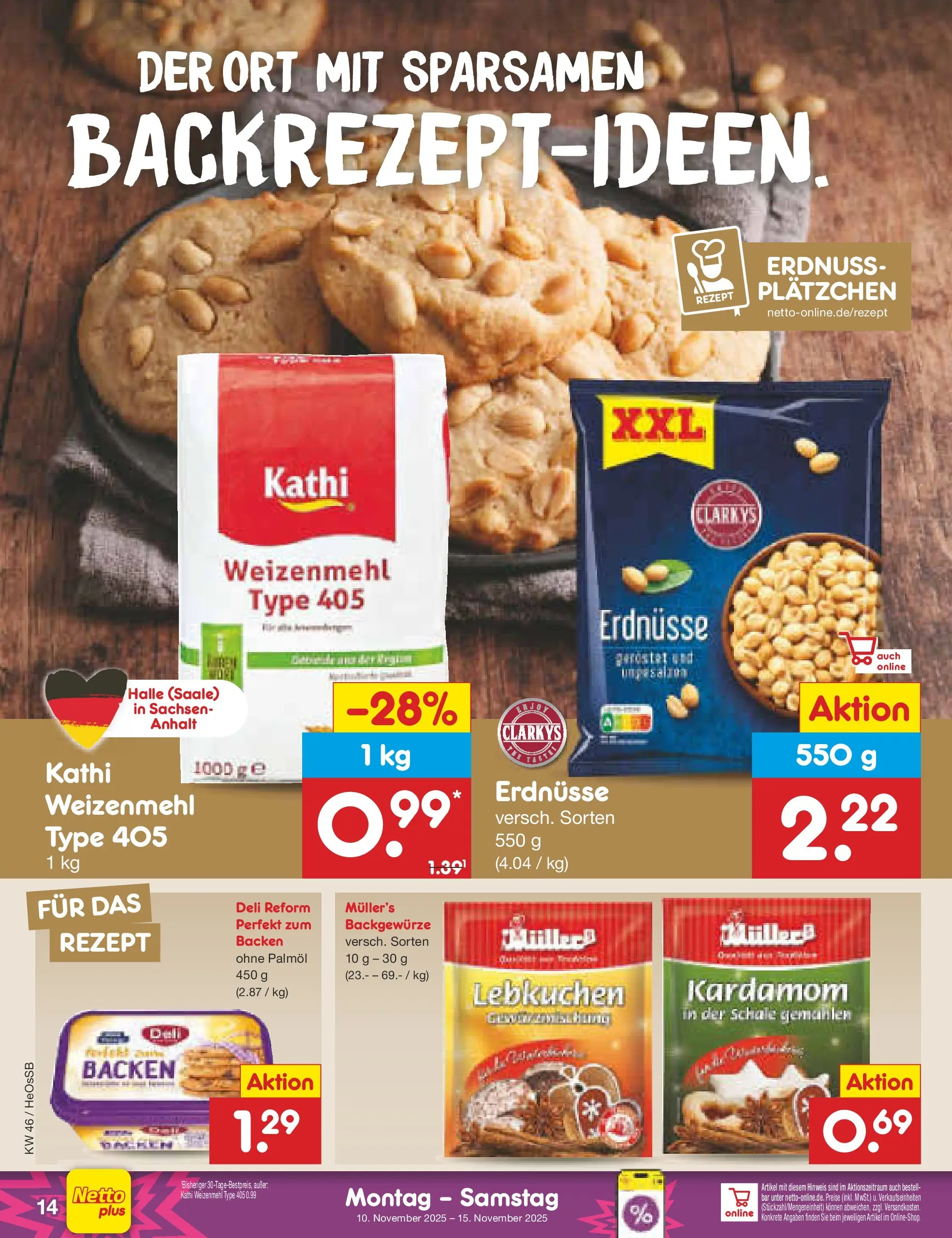 Netto Marken-Discount prospekt Kröpelin	 (ab 10.11.2025) » Angebote | Seite: 14 | Produkte: Erdnüsse, Weizenmehl, Deli reform