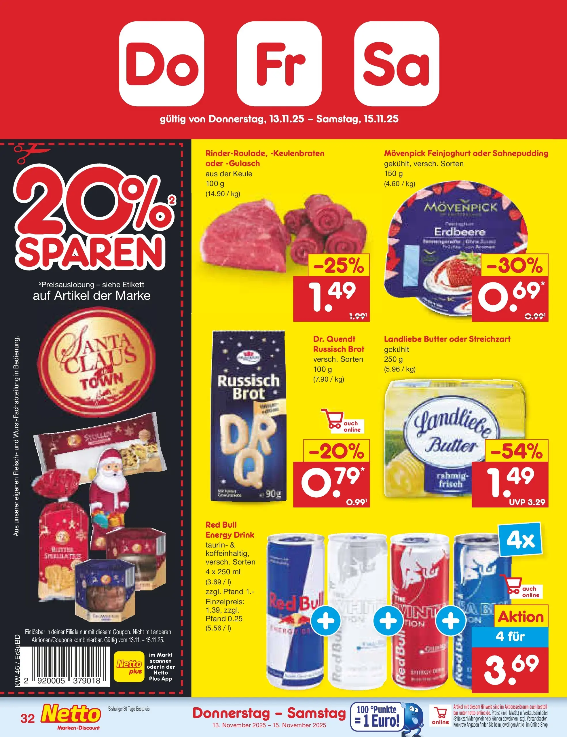 Netto Marken-Discount prospekt Jena-Lobeda	 (ab 10.11.2025) » Angebote | Seite: 40 | Produkte: Red bull, Gulasch, Brot, Fleisch
