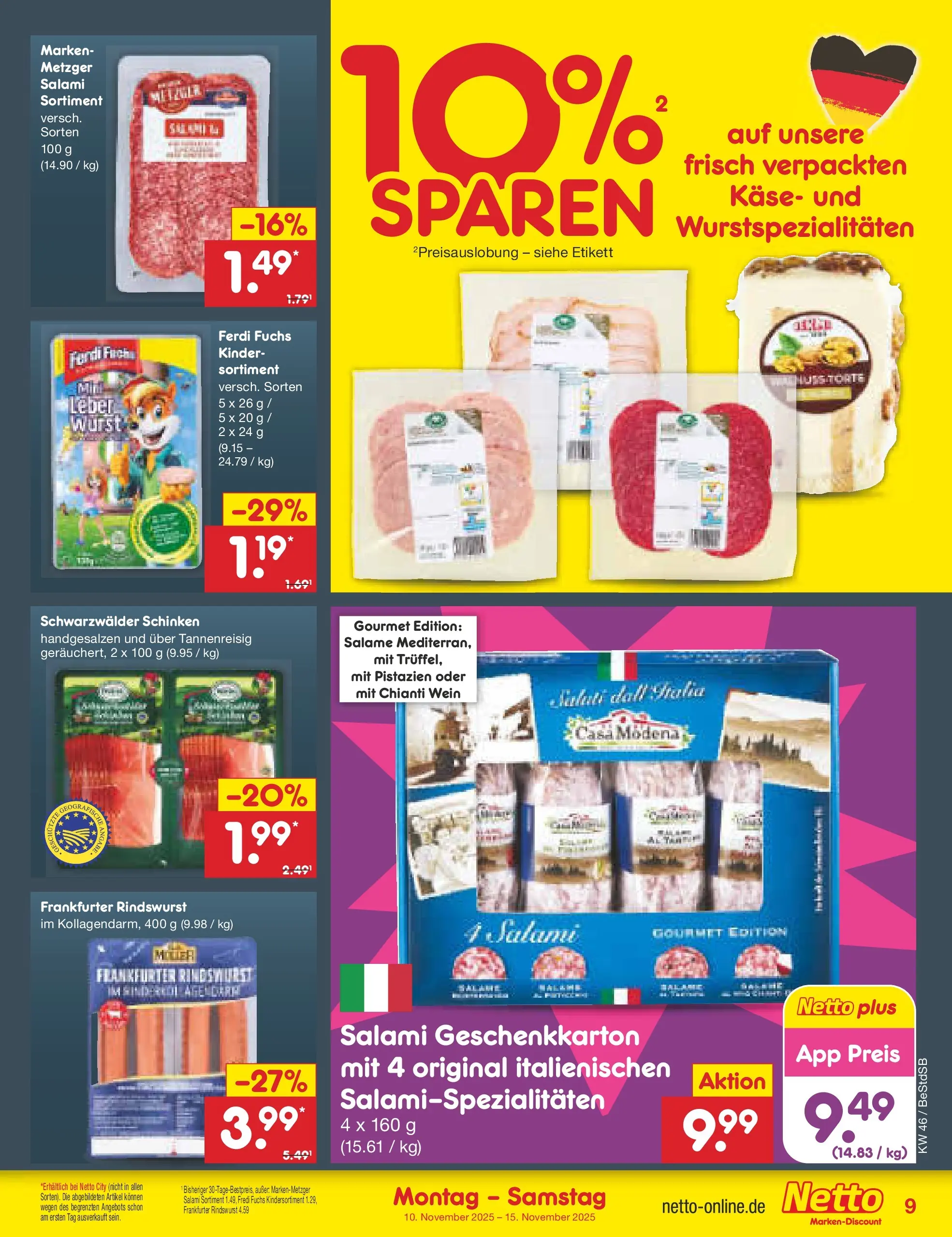 Netto Marken-Discount prospekt Berlin-Spandau	 (ab 10.11.2025) » Angebote | Seite: 9 | Produkte: Käse, Pistazien, Salami, Wein