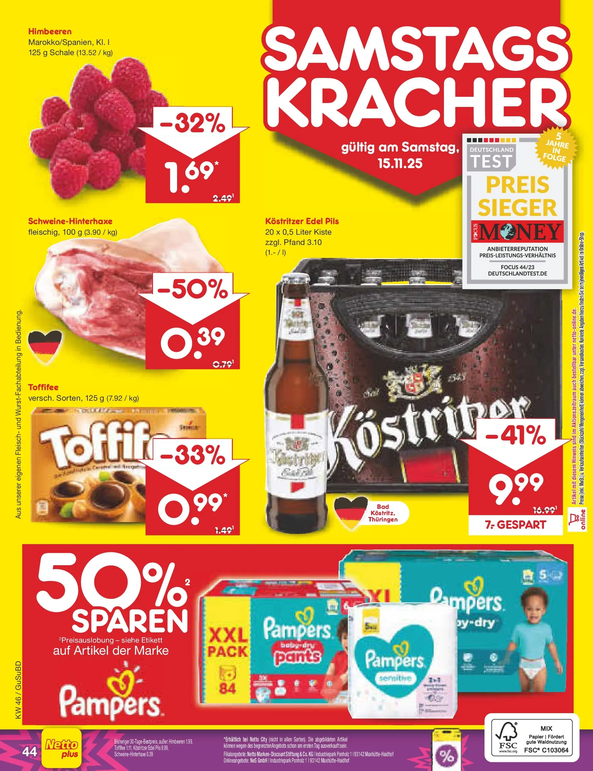Netto Marken-Discount prospekt Glauchau	 (ab 10.11.2025) » Angebote | Seite: 52 | Produkte: Himbeeren, Pils, Toffifee, Fleisch