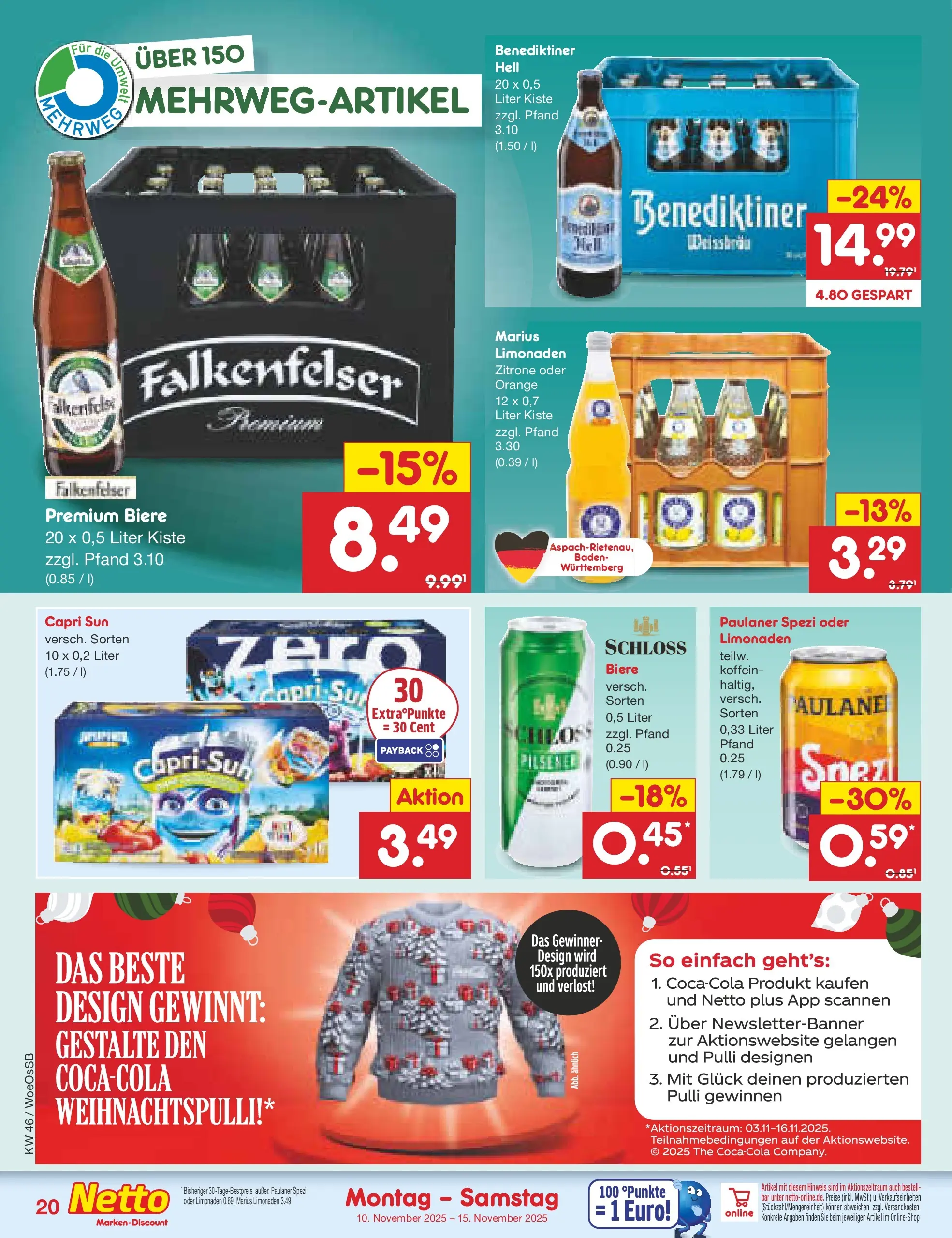 Netto Marken-Discount prospekt Gemmingen	 (ab 10.11.2025) » Angebote | Seite: 20 | Produkte: Capri sun, Paulaner spezi, Zitrone, Paulaner