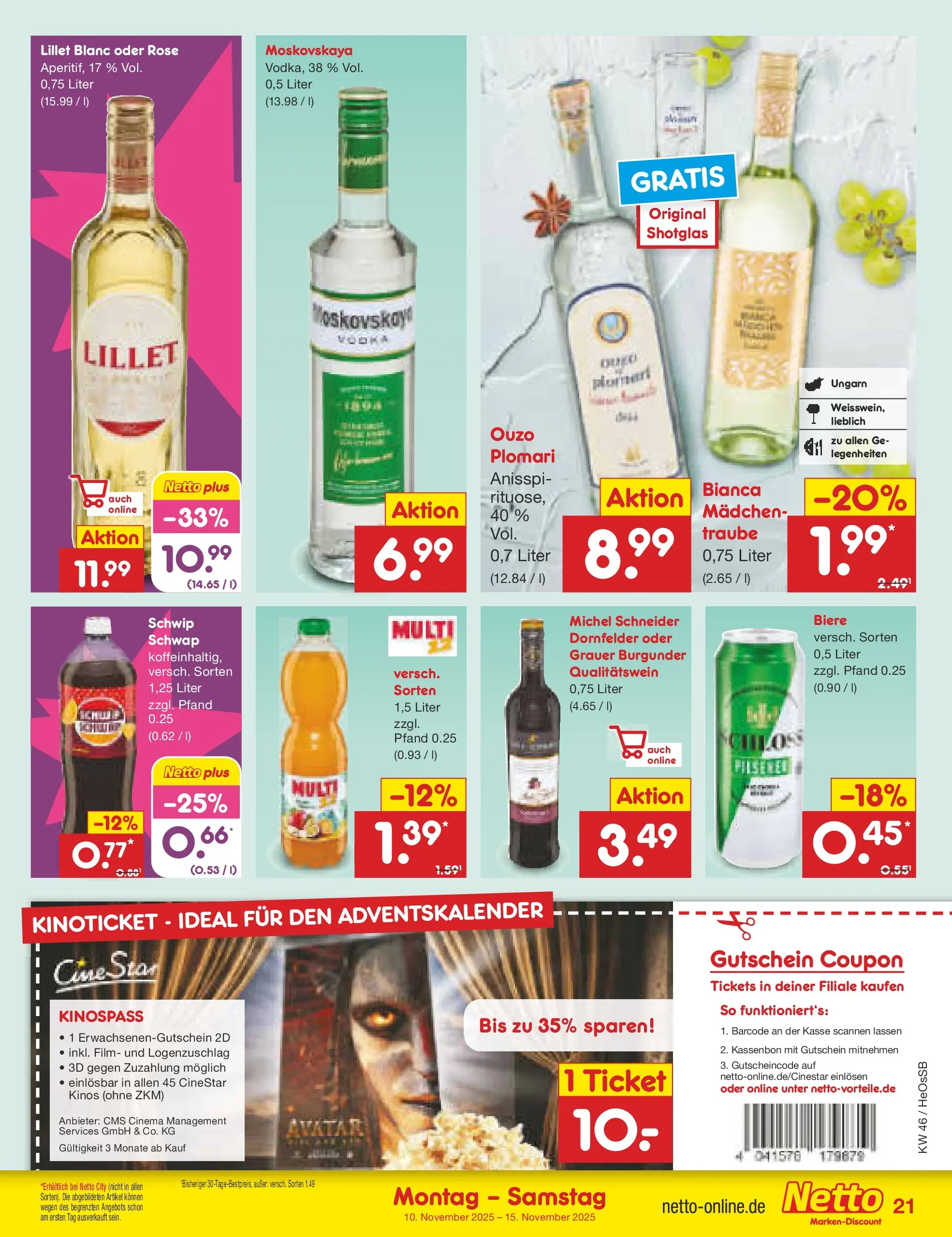 Netto Marken-Discount prospekt Kröpelin	 (ab 10.11.2025) » Angebote | Seite: 21 | Produkte: Ouzo, Lillet