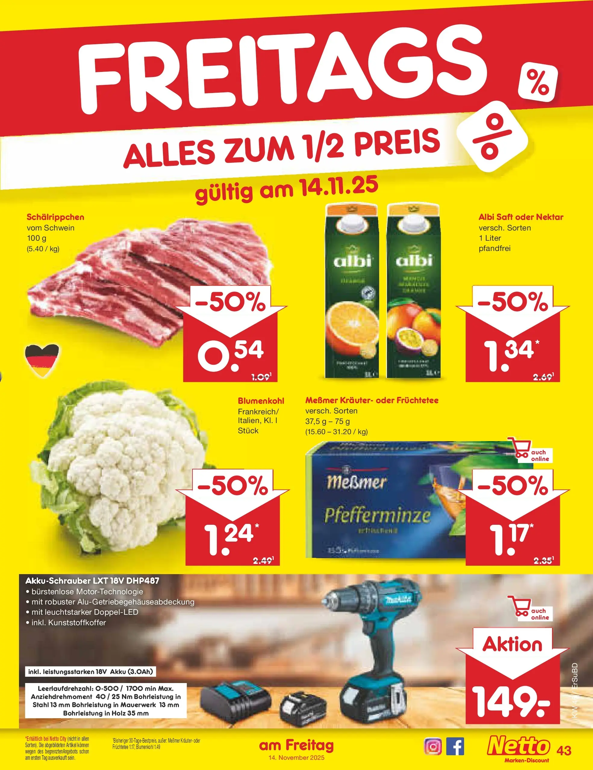 Netto Marken-Discount prospekt Jena-Lobeda	 (ab 10.11.2025) » Angebote | Seite: 51 | Produkte: Messmer, Akkuschrauber, Blumenkohl, Saft