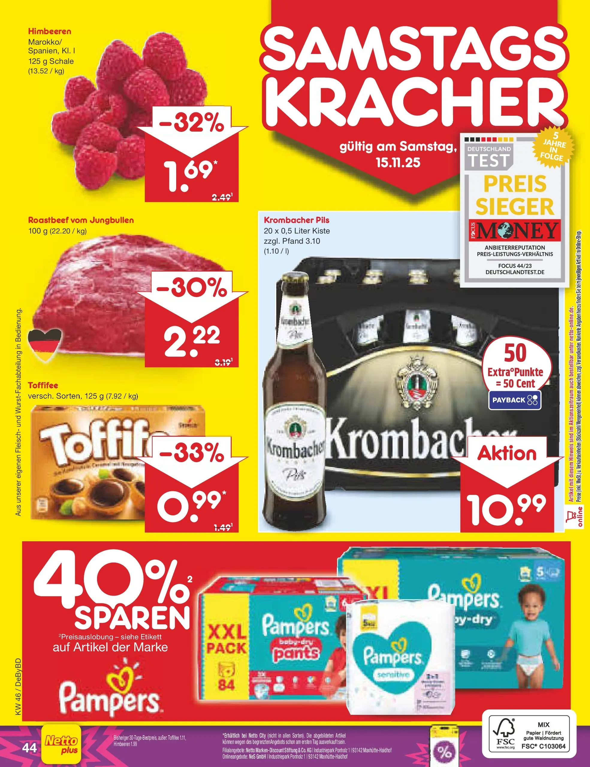 Netto Marken-Discount prospekt Buttenwiesen	 (ab 10.11.2025) » Angebote | Seite: 52 | Produkte: Roastbeef, Toffifee, Krombacher, Fleisch