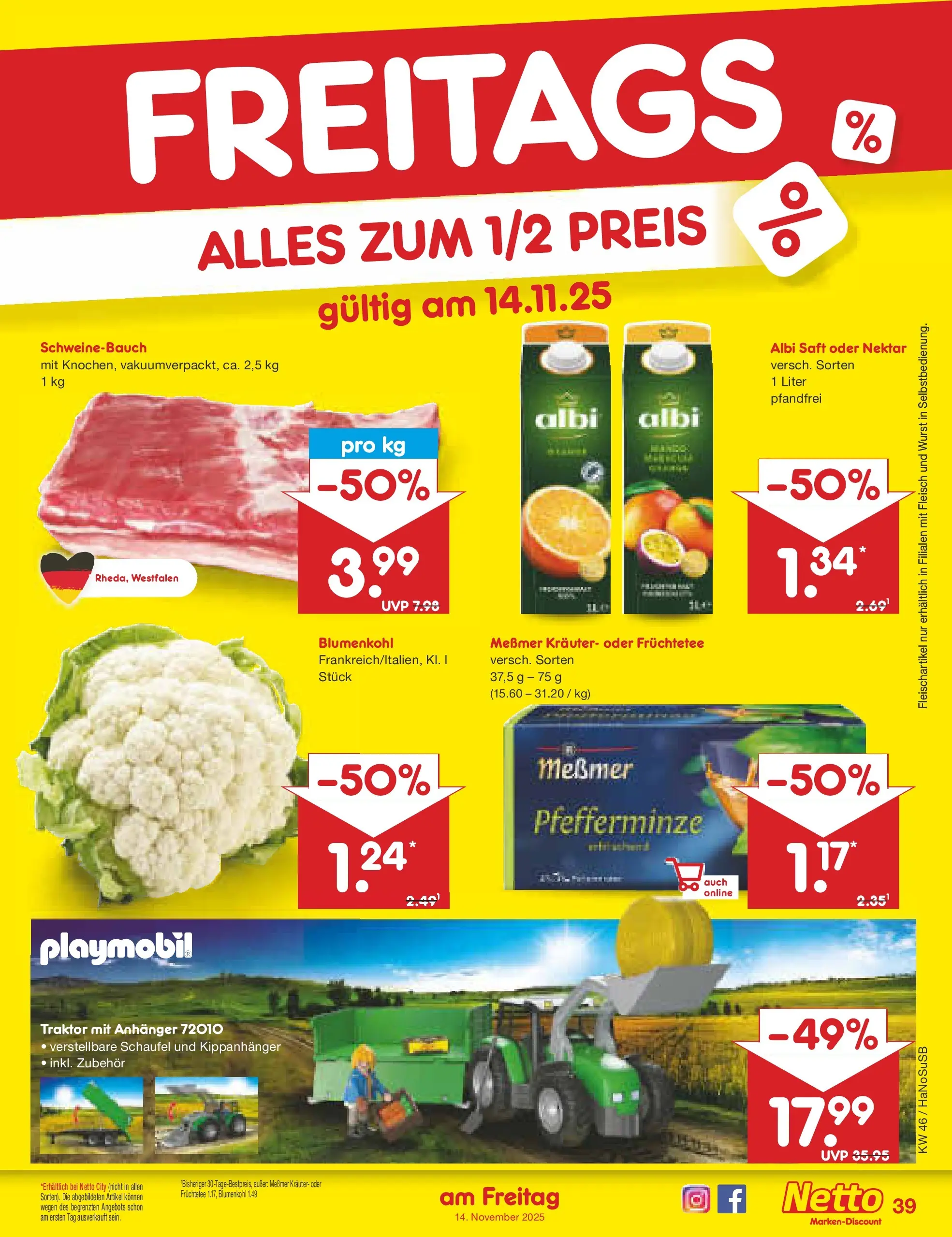 Netto Marken-Discount prospekt Wuppertal	 (ab 10.11.2025) » Angebote | Seite: 47 | Produkte: Schweinebauch, Wurst, Blumenkohl, Fleisch