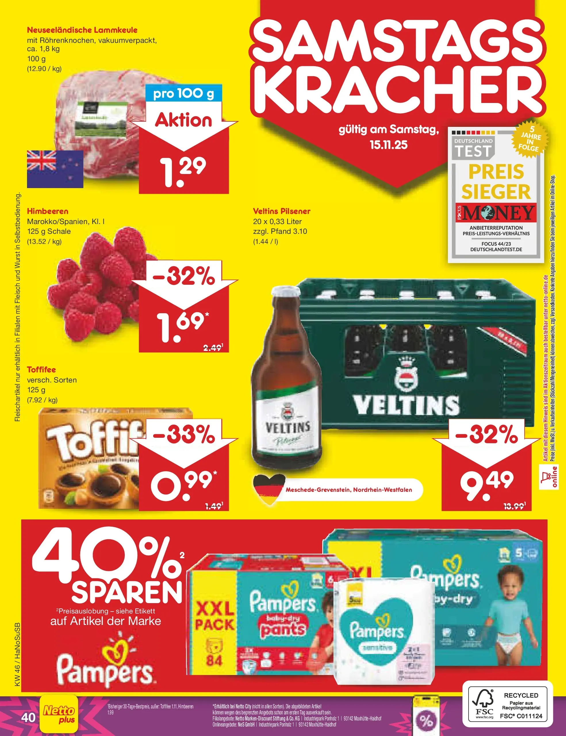 Netto Marken-Discount prospekt Wuppertal	 (ab 10.11.2025) » Angebote | Seite: 48 | Produkte: Himbeeren, Lammkeule, Wurst, Veltins