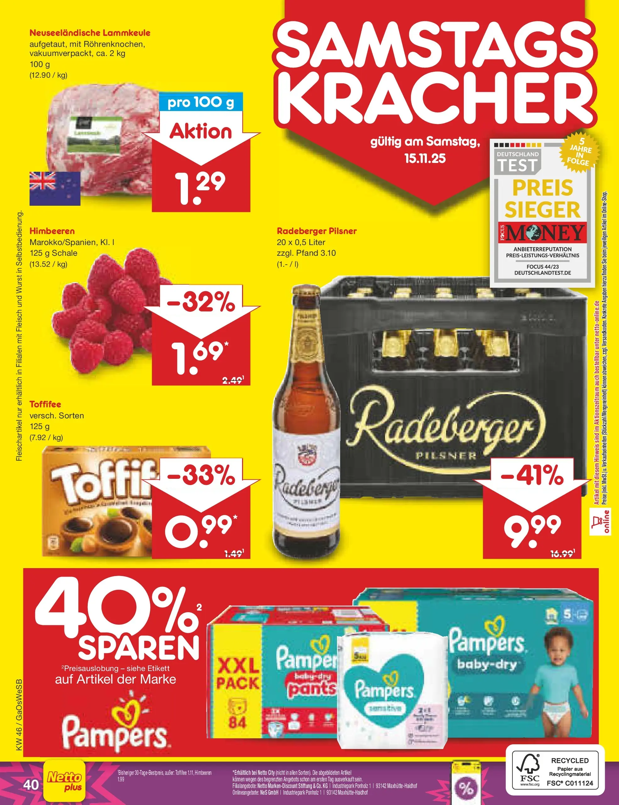 Netto Marken-Discount prospekt Moormerland	 (ab 10.11.2025) » Angebote | Seite: 48 | Produkte: Himbeeren, Wurst, Fleisch, Radeberger pilsner