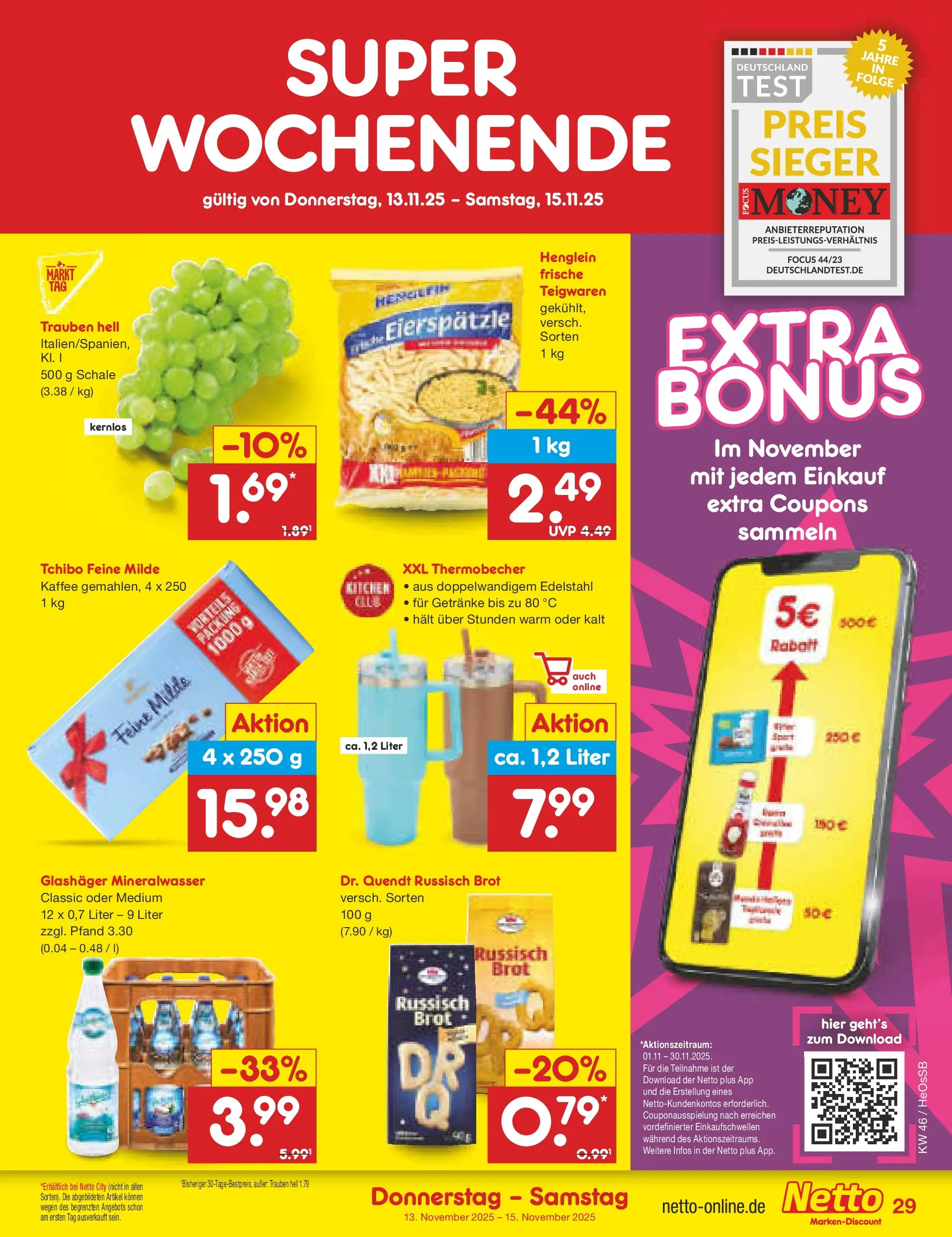 Netto Marken-Discount prospekt Kröpelin	 (ab 10.11.2025) » Angebote | Seite: 37 | Produkte: Trauben, Kaffee, Mineralwasser, Brot