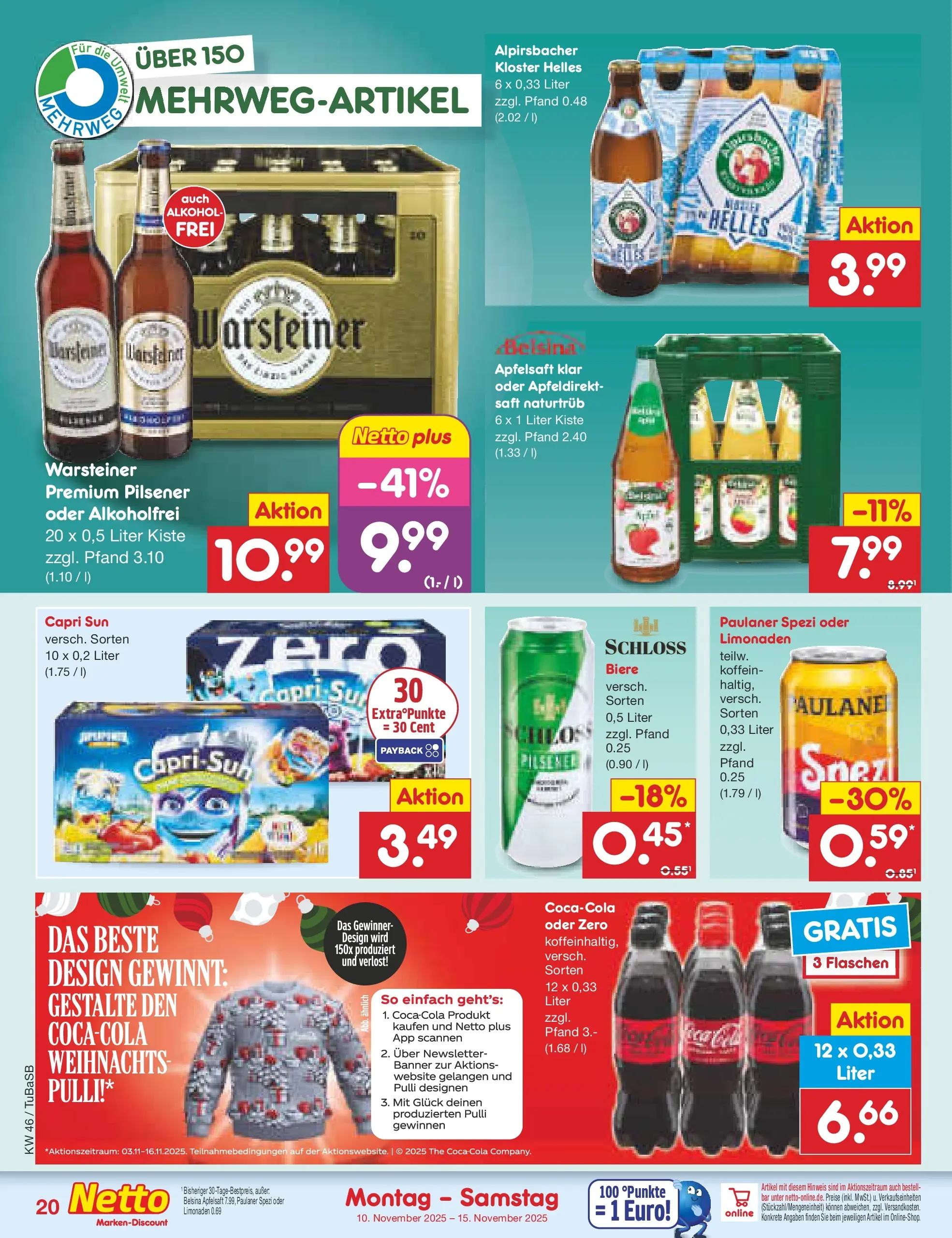 Netto Marken-Discount prospekt Lahr-Langenwinkel	 (ab 10.11.2025) » Angebote | Seite: 20 | Produkte: Capri sun, Apfelsaft, Warsteiner, Paulaner