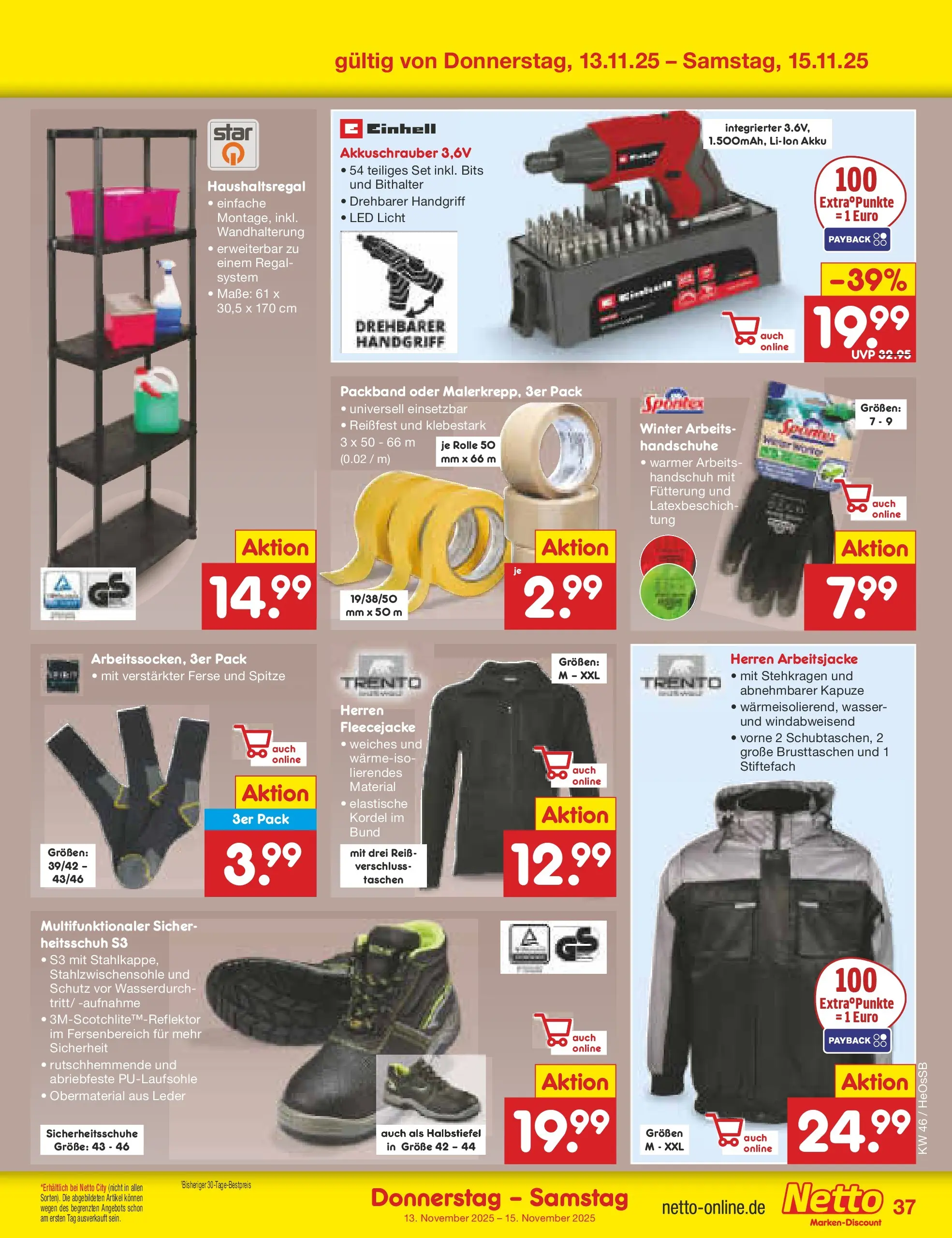 Netto Marken-Discount prospekt Kröpelin	 (ab 10.11.2025) » Angebote | Seite: 45 | Produkte: Regal, Akkuschrauber, Wasser, Handschuhe