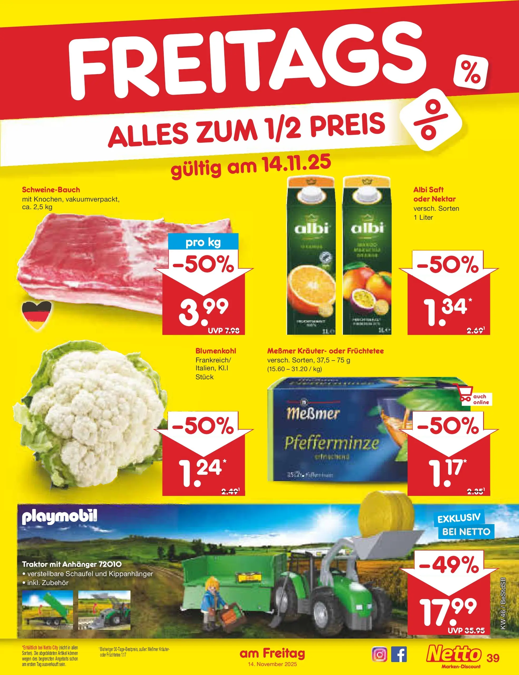 Netto Marken-Discount prospekt Berlin-Spandau	 (ab 10.11.2025) » Angebote | Seite: 47 | Produkte: Messmer, Schweinebauch, Blumenkohl, Saft