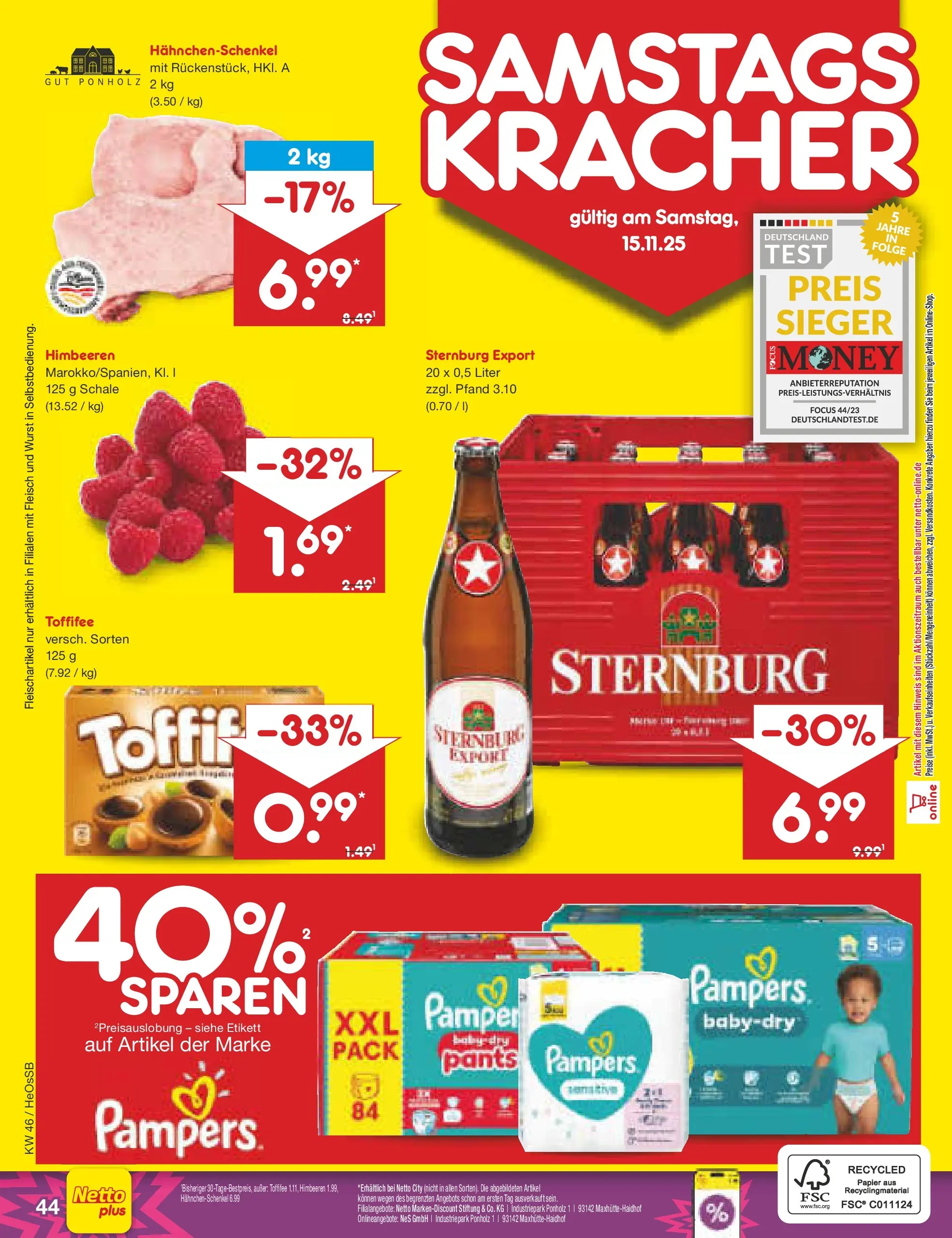 Netto Marken-Discount prospekt Kröpelin	 (ab 10.11.2025) » Angebote | Seite: 48 | Produkte: Himbeeren, Hahnchenschenkel, Pampers, Toffifee