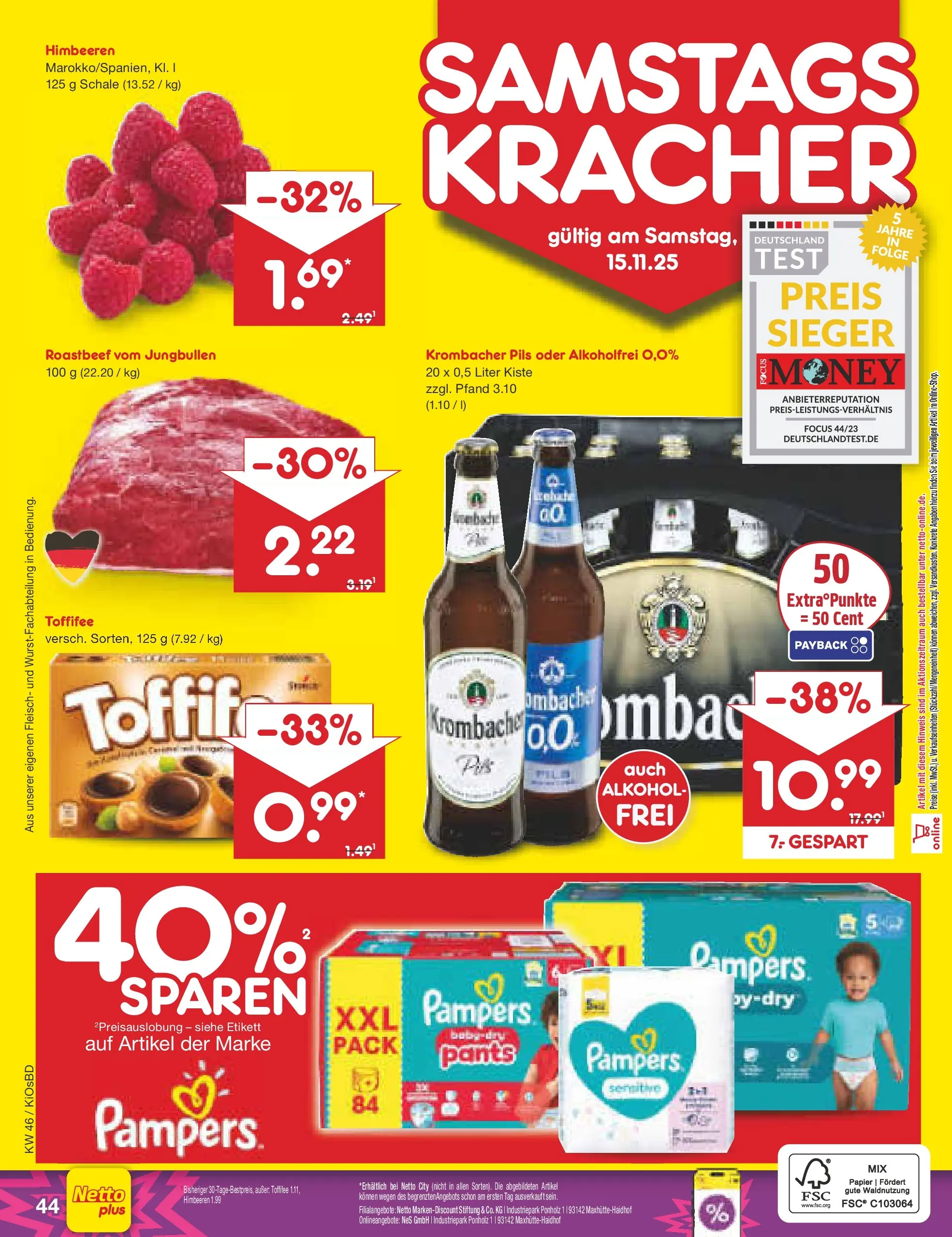 Netto Marken-Discount prospekt Mistelbach	 (ab 10.11.2025) » Angebote | Seite: 52 | Produkte: Himbeeren, Toffifee, Krombacher, Fleisch